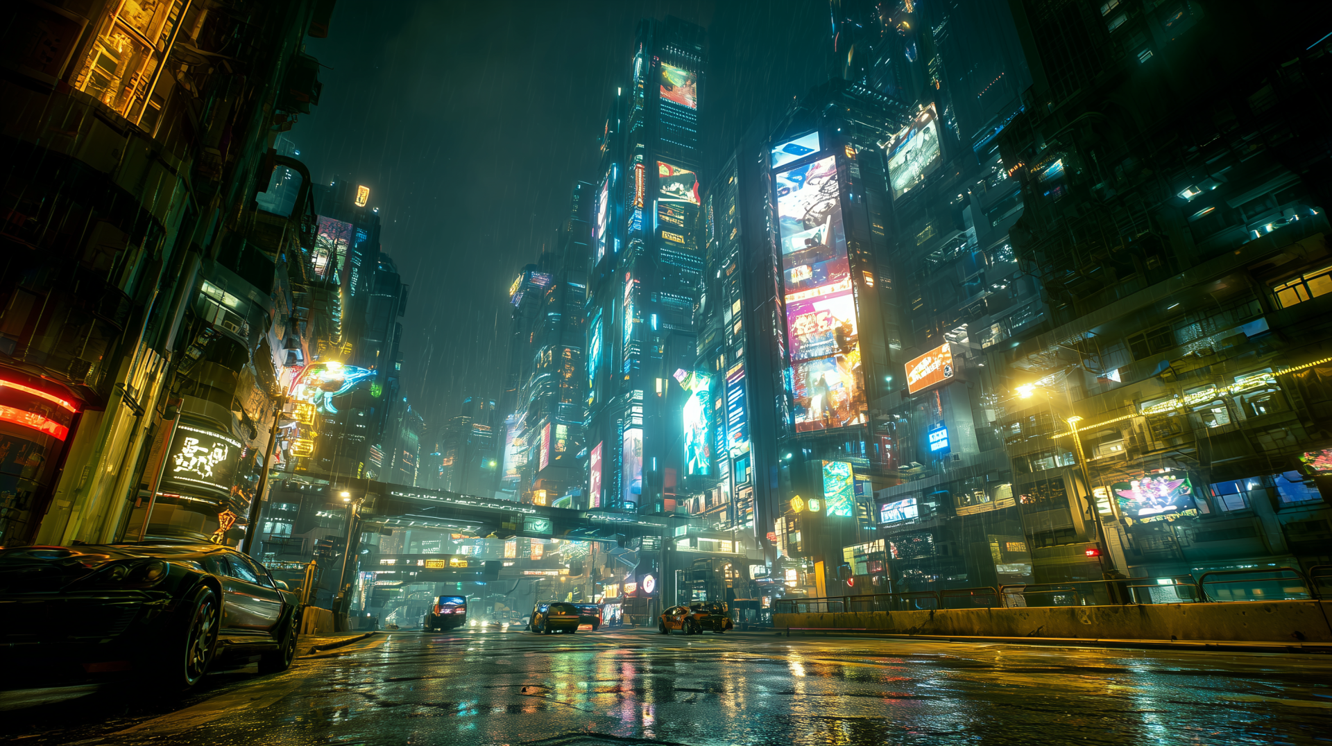 HD PC desktop wallpaper: rainy cyberpunk night in a futuristic city with neon-lit skyscrapers, wet reflective streets, glowing billboards and elevated walkways.