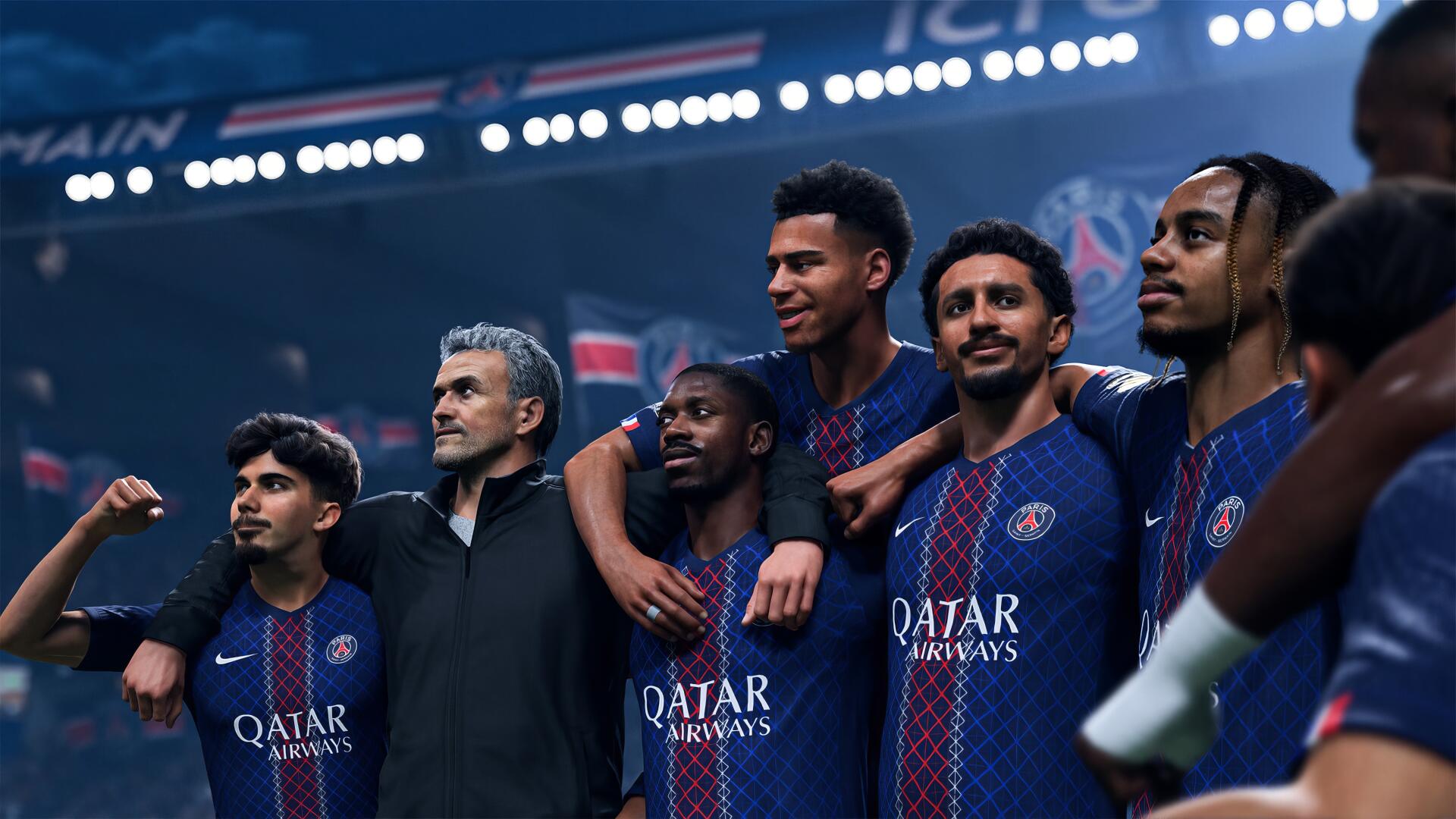 EA Sports FC 26 video game 4K Ultra HD PC wallpaper: Paris Saint-Germain F.C. players in navy home kit pose together on the pitch under stadium lights.