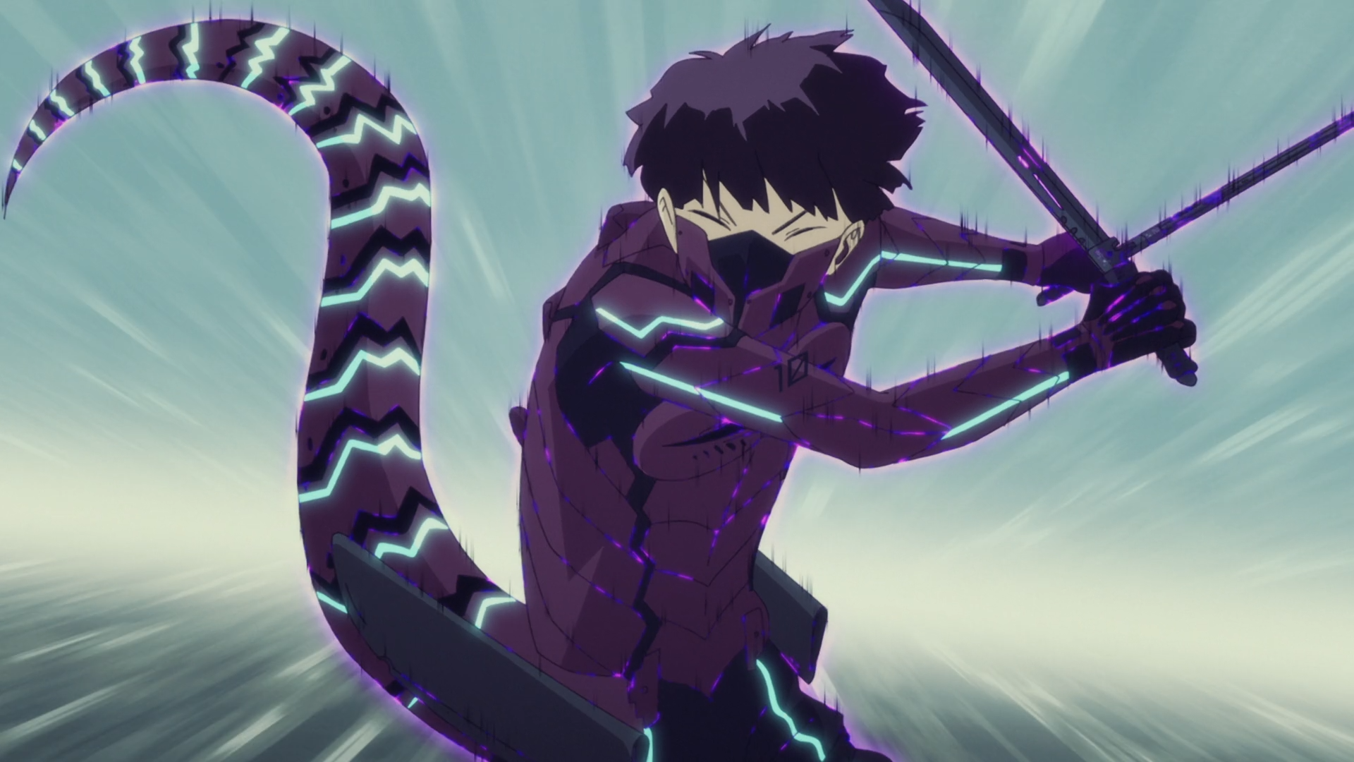 HD PC wallpaper of Soushirou Hoshina (Kaiju No. 8) in a fierce battle pose, glowing sword and electrified tail cutting through a blurred stormy backdrop.