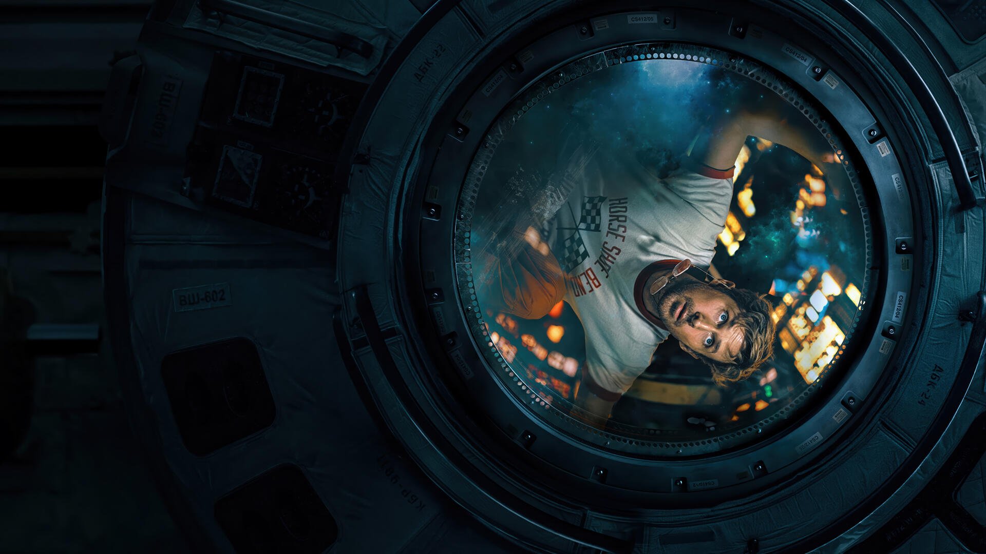 Project Hail Mary 4K Ultra HD PC desktop wallpaper: astronaut in a white suit peers through a circular spacecraft porthole at glowing lights beyond.