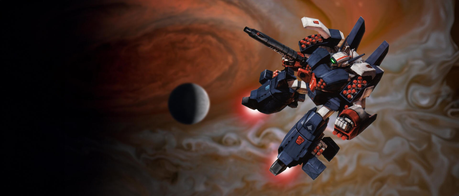 HD PC desktop wallpaper featuring a Robotech/Macross mecha firing its weapon in space against a swirling gas giant and moon background.