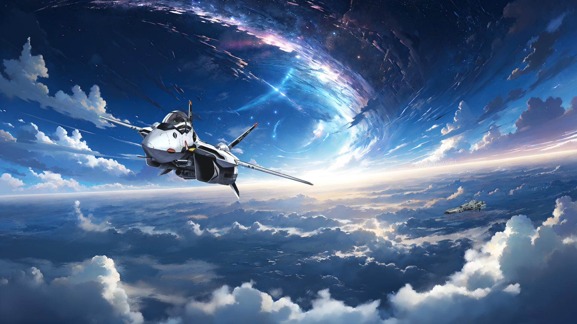 HD PC desktop wallpaper of a Macross/Robotech fighter jet soaring through clouds toward a glowing spacefold rift beneath a vibrant blue sky.