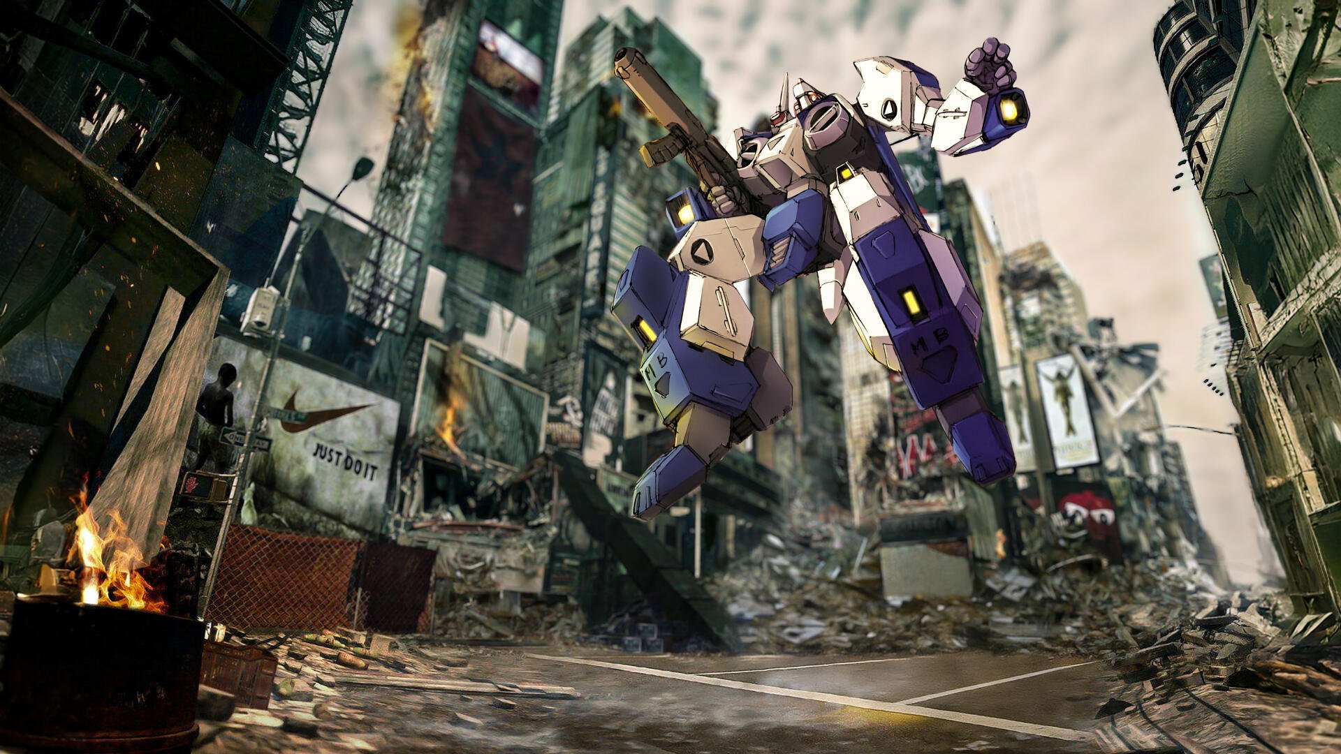 4K Ultra HD PC desktop wallpaper and background featuring a purple-and-white Robotech/Macross mecha striding through a ruined city street, surrounded by debris, burning wreckage, and collapsed buildings.