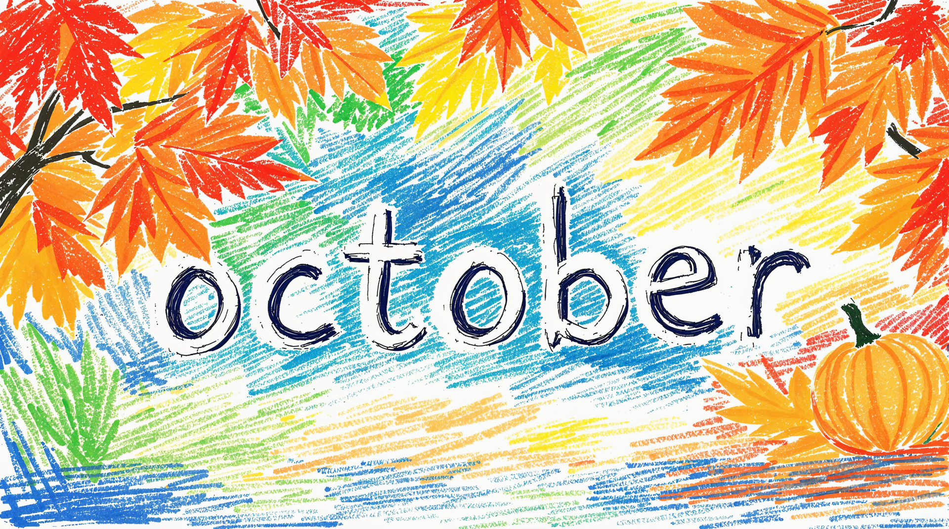 Crayon-style October lettering with orange maple leaves and a pumpkin on a vibrant scribbled sky — 4K Ultra HD PC desktop wallpaper and background.