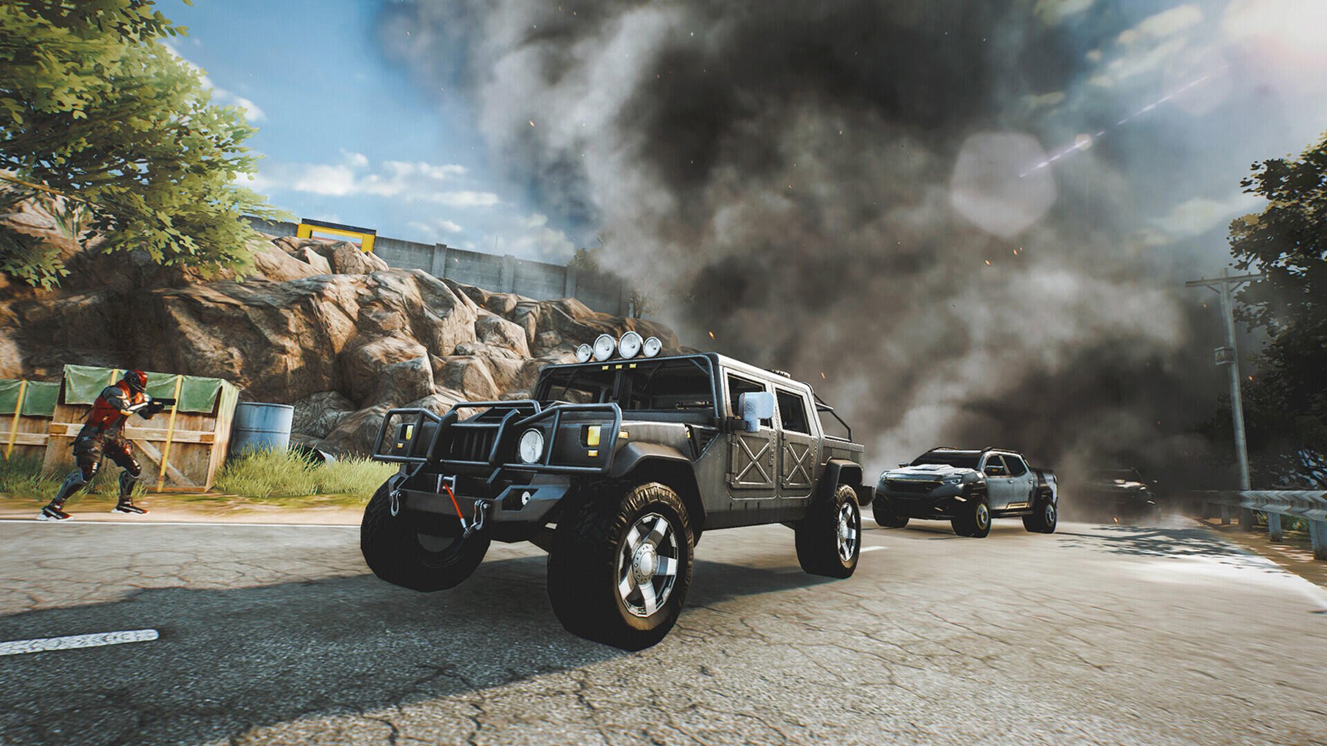 HD PC desktop wallpaper/background of video game Blood Strike showing armored SUVs speeding past a smoky explosion on a cracked road amid urban combat