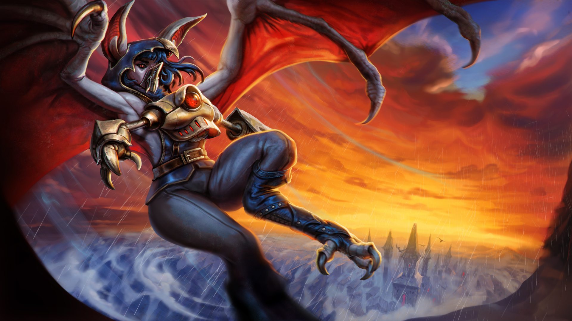 Against the Storm 4K Ultra HD PC desktop wallpaper: a horned, armored winged warrior dives above stormy seas toward a fiery sunset and jagged distant skyline.