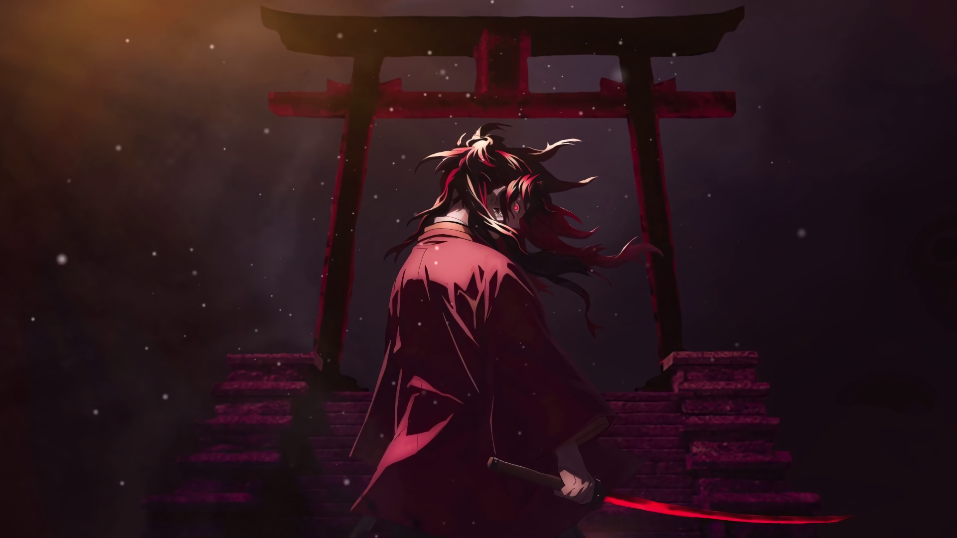 4K Ultra HD PC wallpaper of Yoriichi Tsugikuni from Demon Slayer: Kimetsu no Yaiba, standing before a torii gate with a glowing crimson blade in a moody night scene.