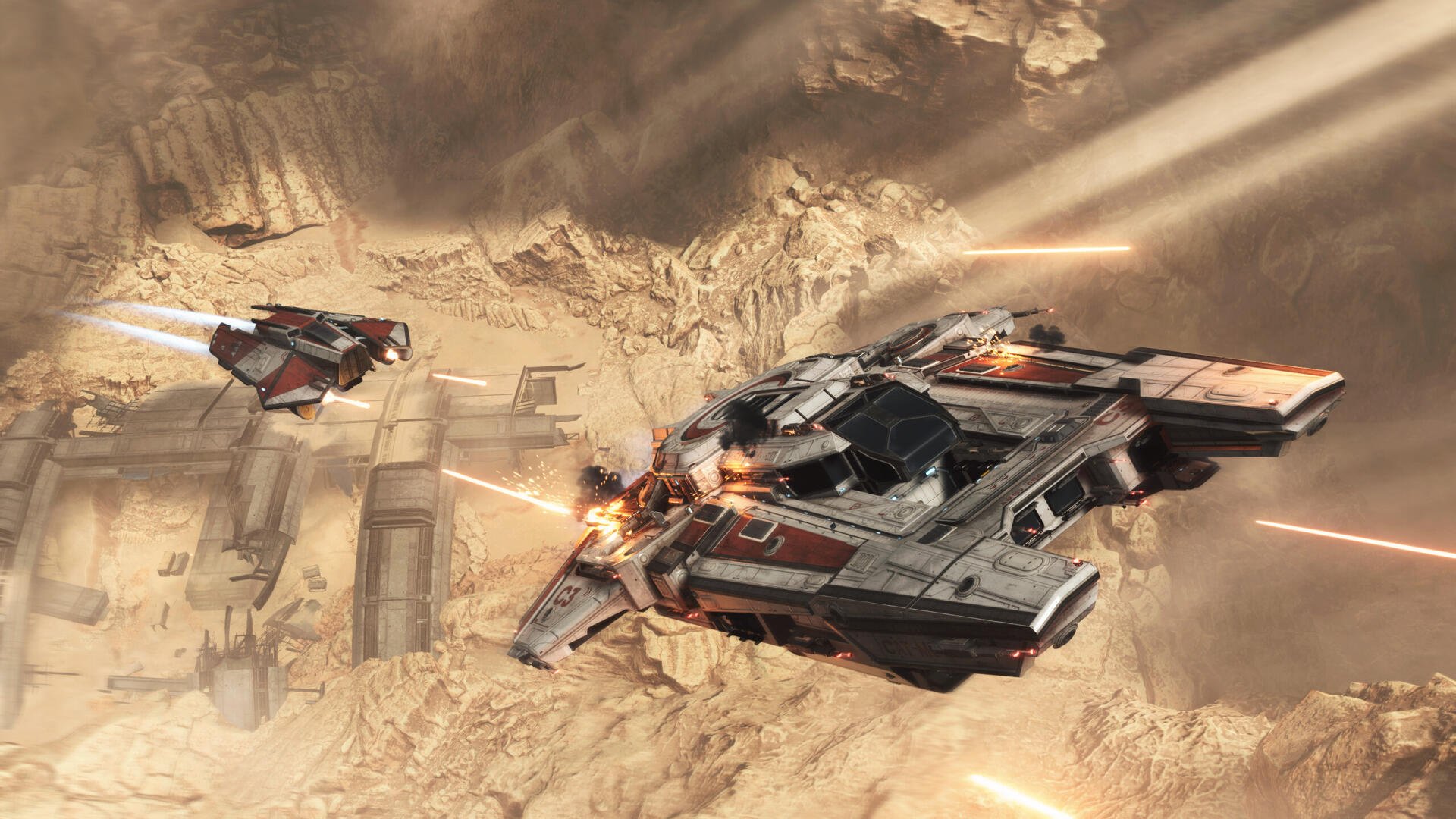 Video game Jump Space HD PC desktop wallpaper: a spaceship battle — two starfighters exchange laser fire over desert ruins with motion trails and explosions.