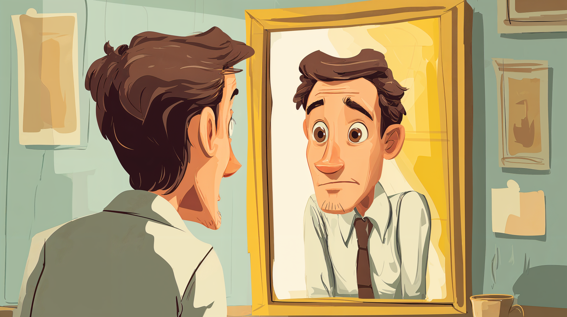 Artistic illustration of a man studying his reflection in a framed mirror — 4K Ultra HD PC desktop wallpaper and background.