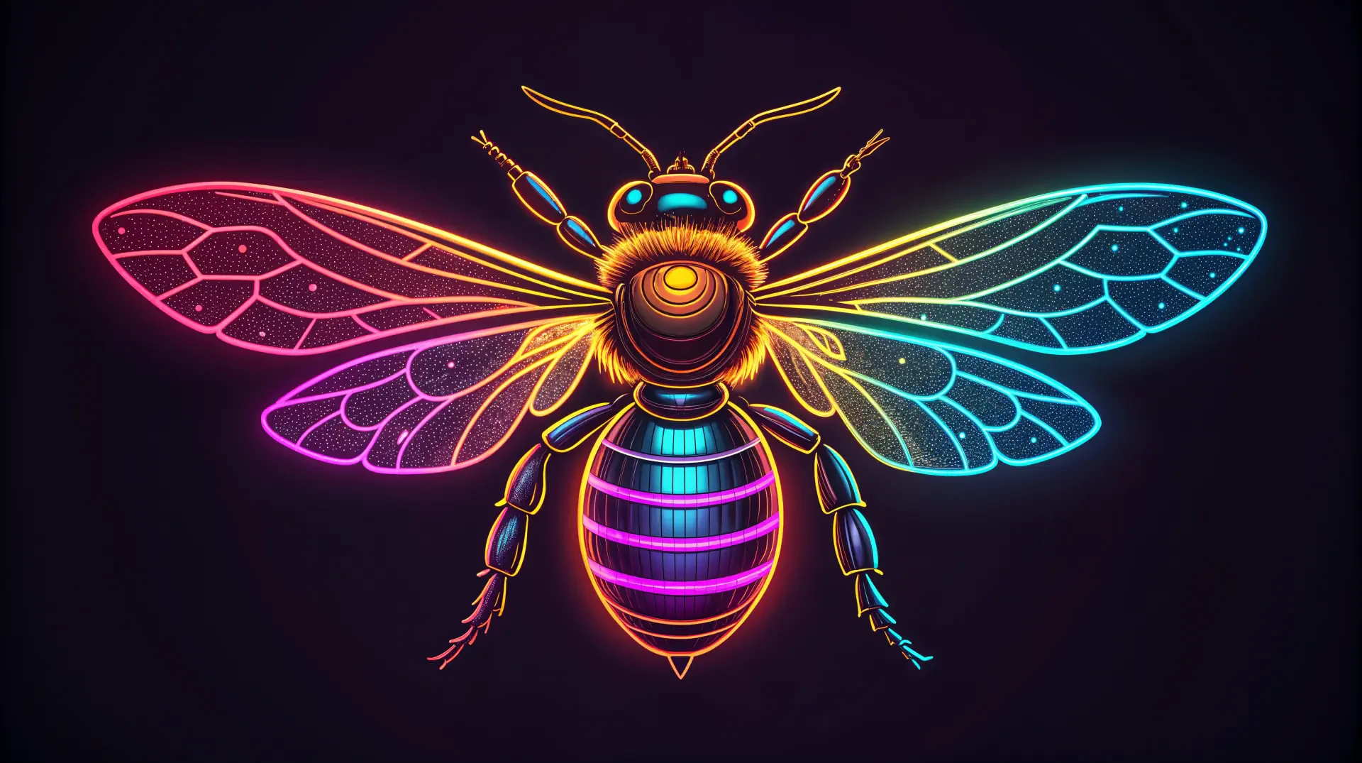 Vibrant neon multicolored stylized bumblebee on a dark backdrop, glowing wings and striped body in radiant lines — 4K Ultra HD PC desktop wallpaper and background.