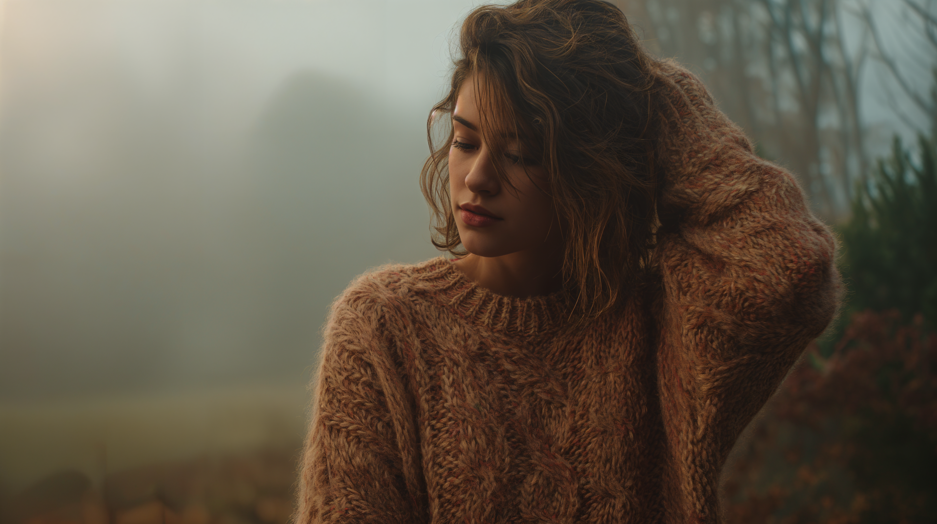 Woman in a fuzzy brown sweater tucks her hair in a foggy wood — sweater weather mood; 4K Ultra HD PC desktop wallpaper and background.