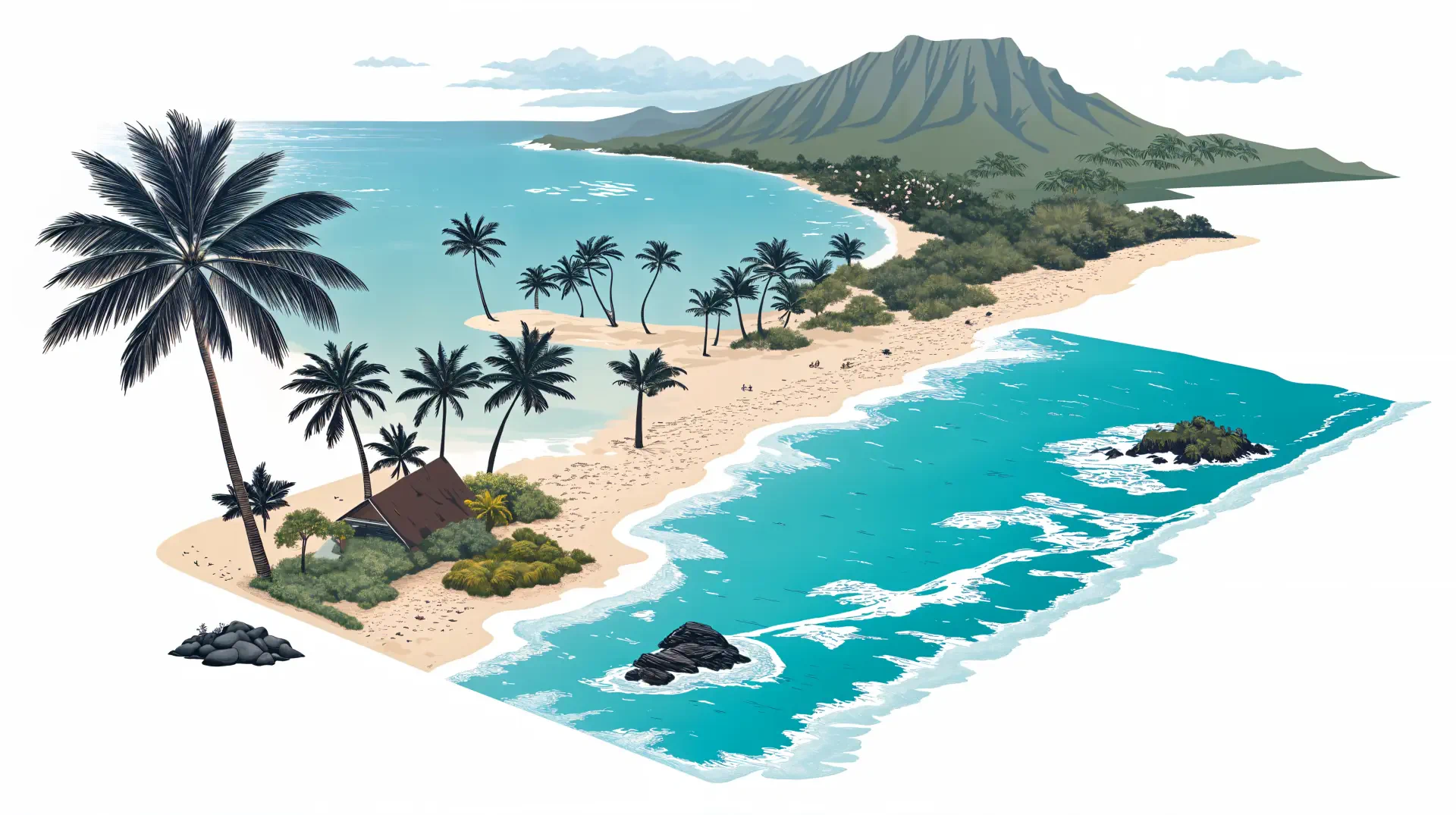 4K Ultra HD PC desktop wallpaper and background: stylized Hawaii beach with turquoise ocean, white sand, scattered palms, rocky islets and a distant volcanic ridge.