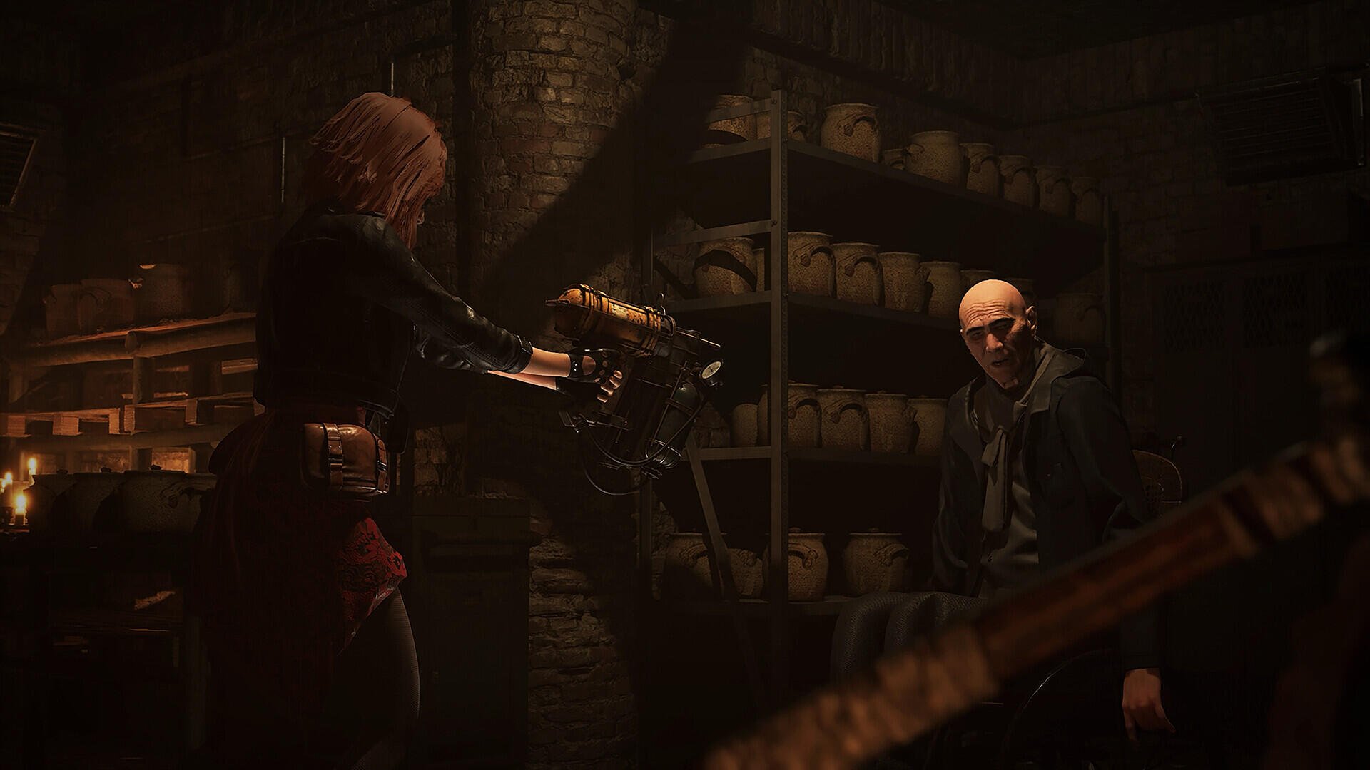 HD PC desktop wallpaper/background of the horror video game Tormented Souls 2: a woman aims a shotgun at a bald man in a dim, jar-lined cellar, tense shadows and eerie lighting.