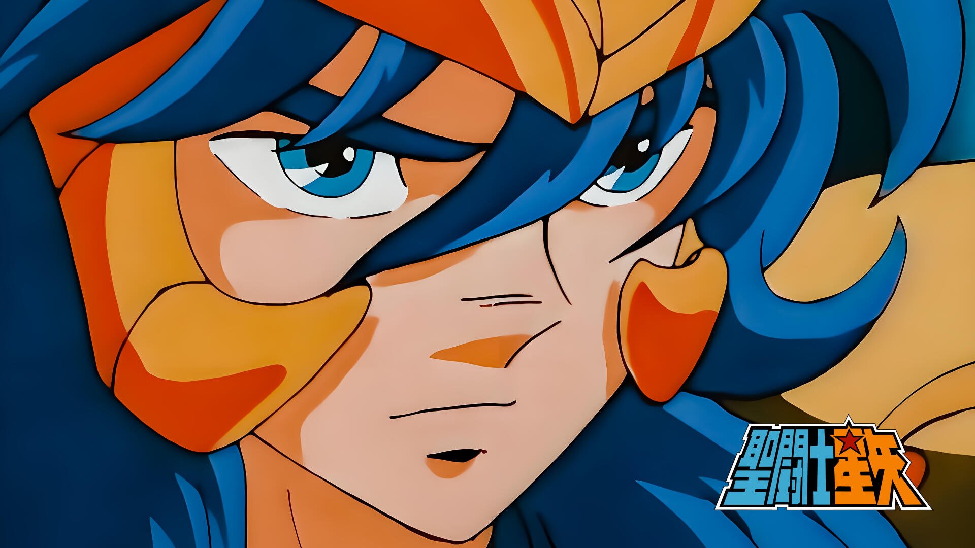 Close-up of Scorpio Milo (Saint Seiya), blue‑haired warrior in gold helmet and armor with a determined gaze — 4K Ultra HD PC desktop wallpaper/background.