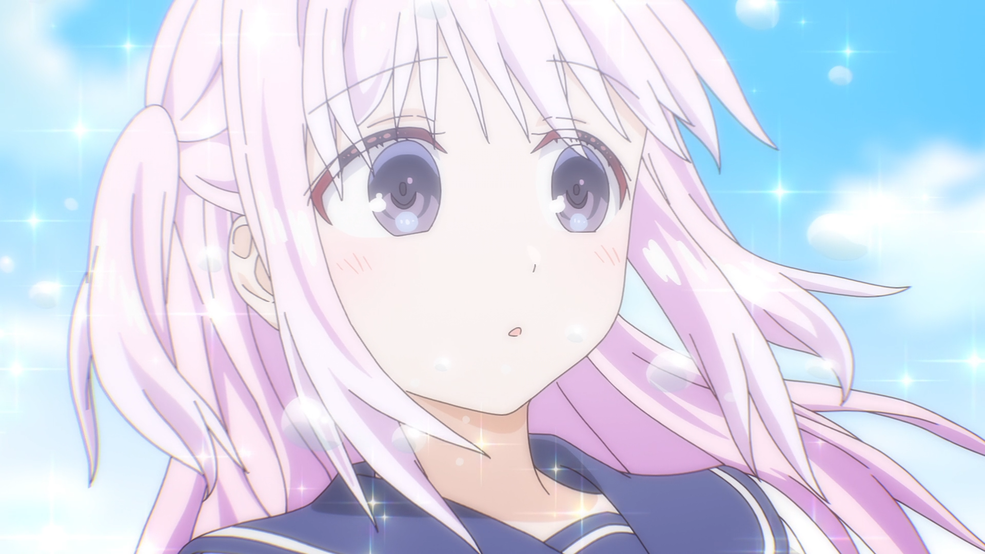 Anime HD PC desktop wallpaper: inexpressive Kashiwada with soft pink hair against a sparkling sky; tags reference Expressive Oota and Kashiwada.