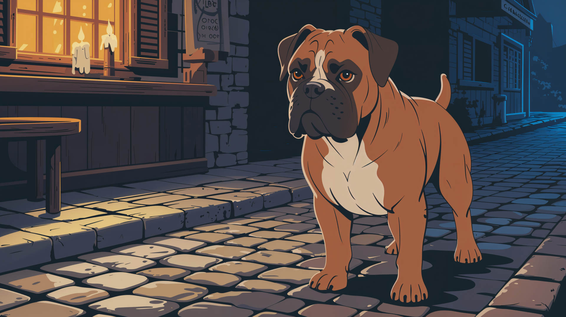 4K Ultra HD PC desktop wallpaper showing a stylized boxer (dog) on a cobblestone street at night, bathed in warm window light and candle glow.