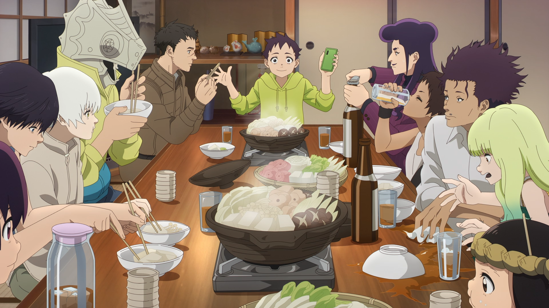 Anime 'To Your Eternity' HD PC desktop wallpaper and background: characters gathered around a wooden table sharing a lively hot-pot meal, warm lighting.