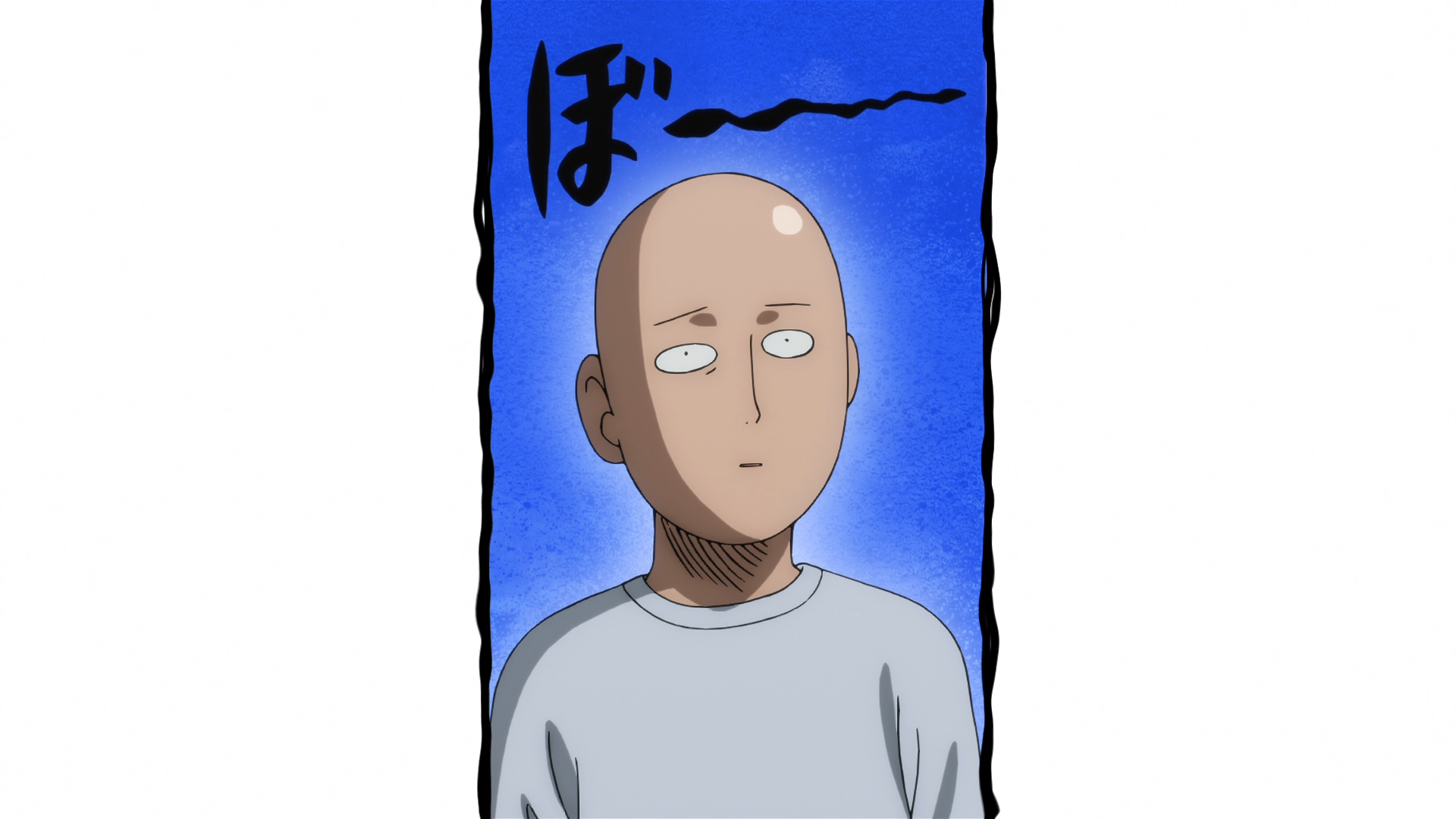 HD PC desktop wallpaper of Saitama (One-Punch Man) — bald, expressionless hero in a plain shirt framed by a deep blue gradient background.
