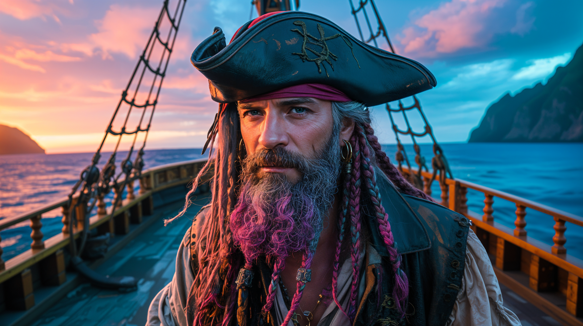4K Ultra HD PC Desktop wallpaper and background of a weathered pirate with braided pink beard and tricorn hat standing on a wooden ship at sunset, ocean and cliffs behind him.