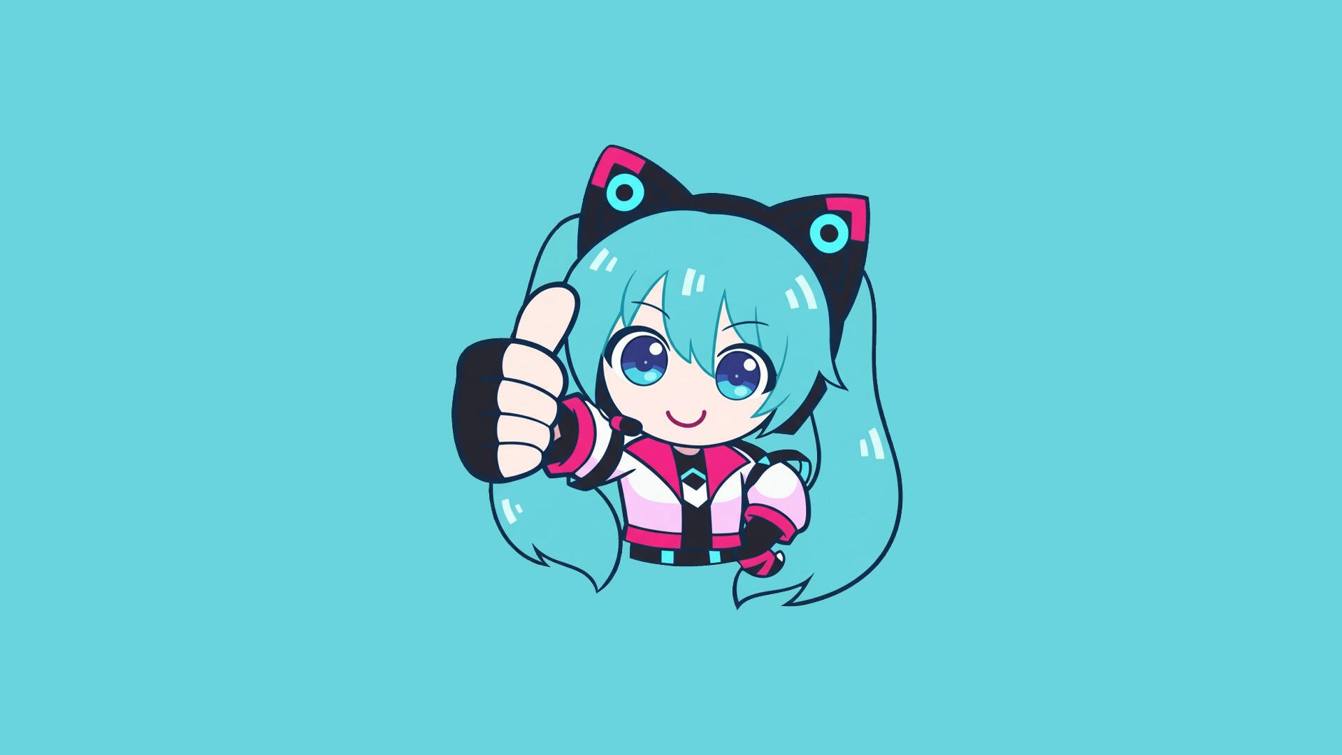 Chibi Hatsune Miku in a pink-and-black racing outfit with cat-ear headset giving a thumbs-up on a teal background — Sonic Racing: CrossWorlds HD PC desktop wallpaper.