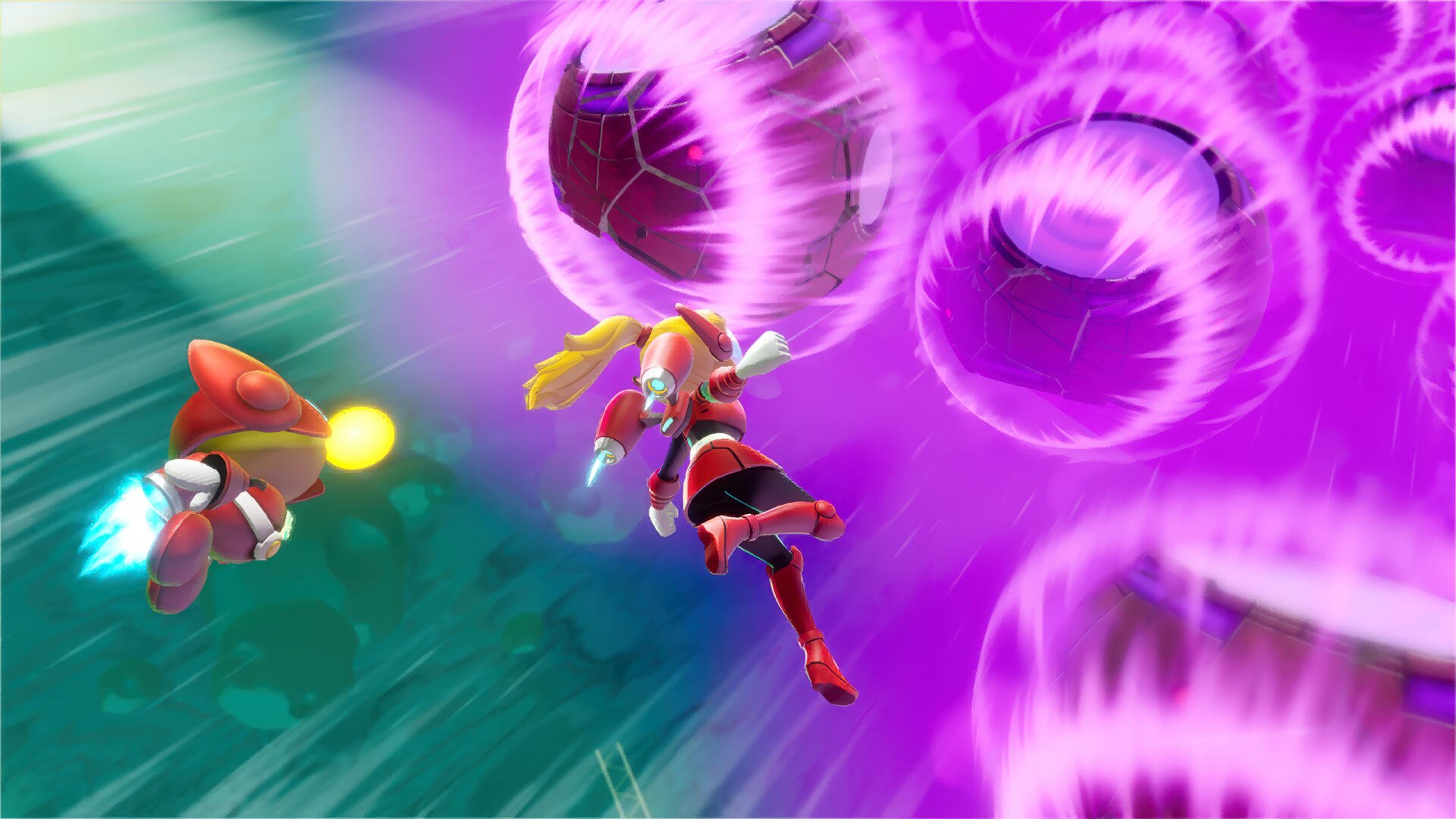 HD PC desktop wallpaper of Princess Peach mid‑leap performing a glowing Showtime move, dashing past streaked green light toward swirling purple energy orbs.