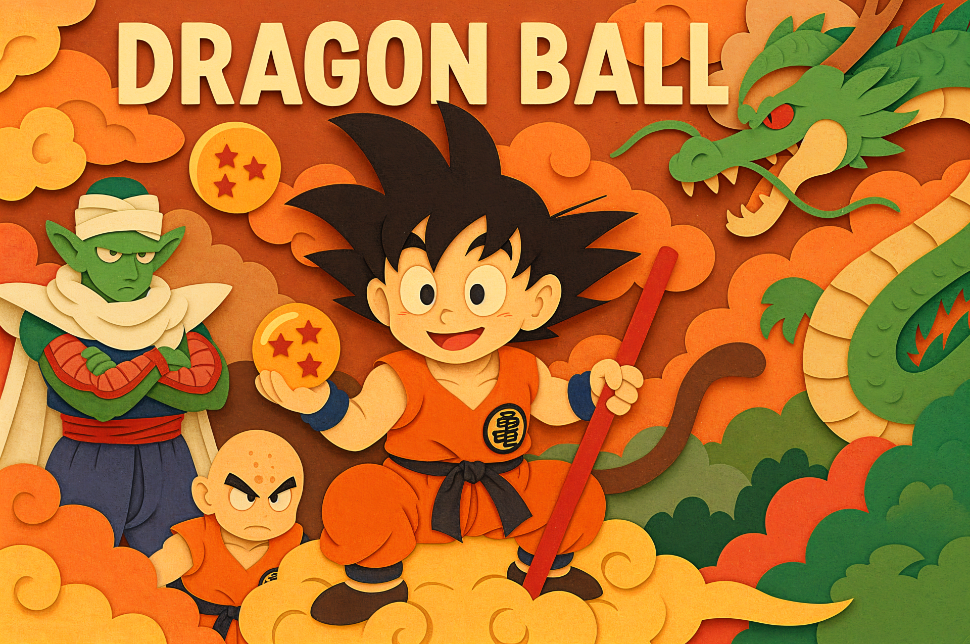 Anime Dragon Ball 4K Ultra HD PC desktop wallpaper: young Goku on Nimbus holding the four-star Dragon Ball, Krillin and Piccolo beside him, Shenron looming in orange clouds.