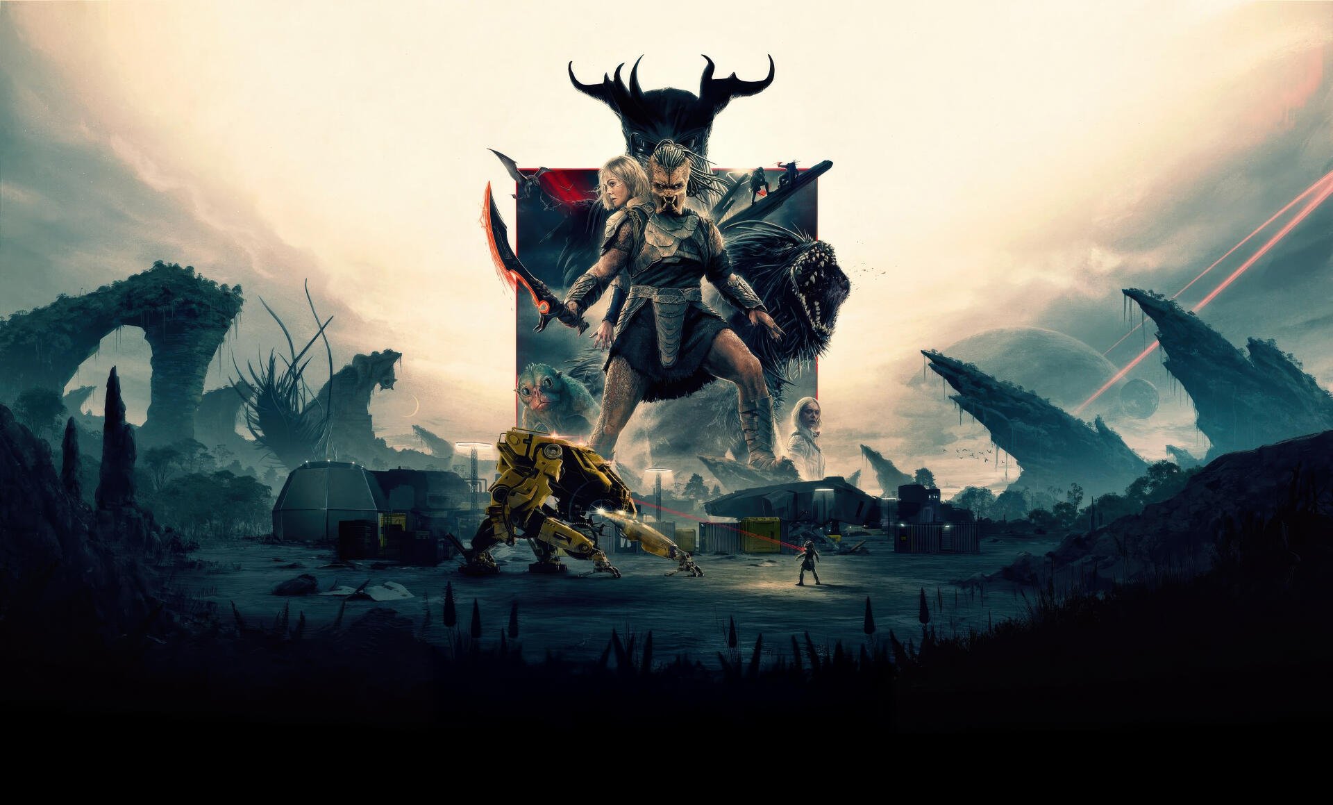 Predator: Badlands 4K Ultra HD PC desktop wallpaper and background — towering Predator in antlered skull helm stands over ruined badlands with glowing trophy and tiny figures scattered below