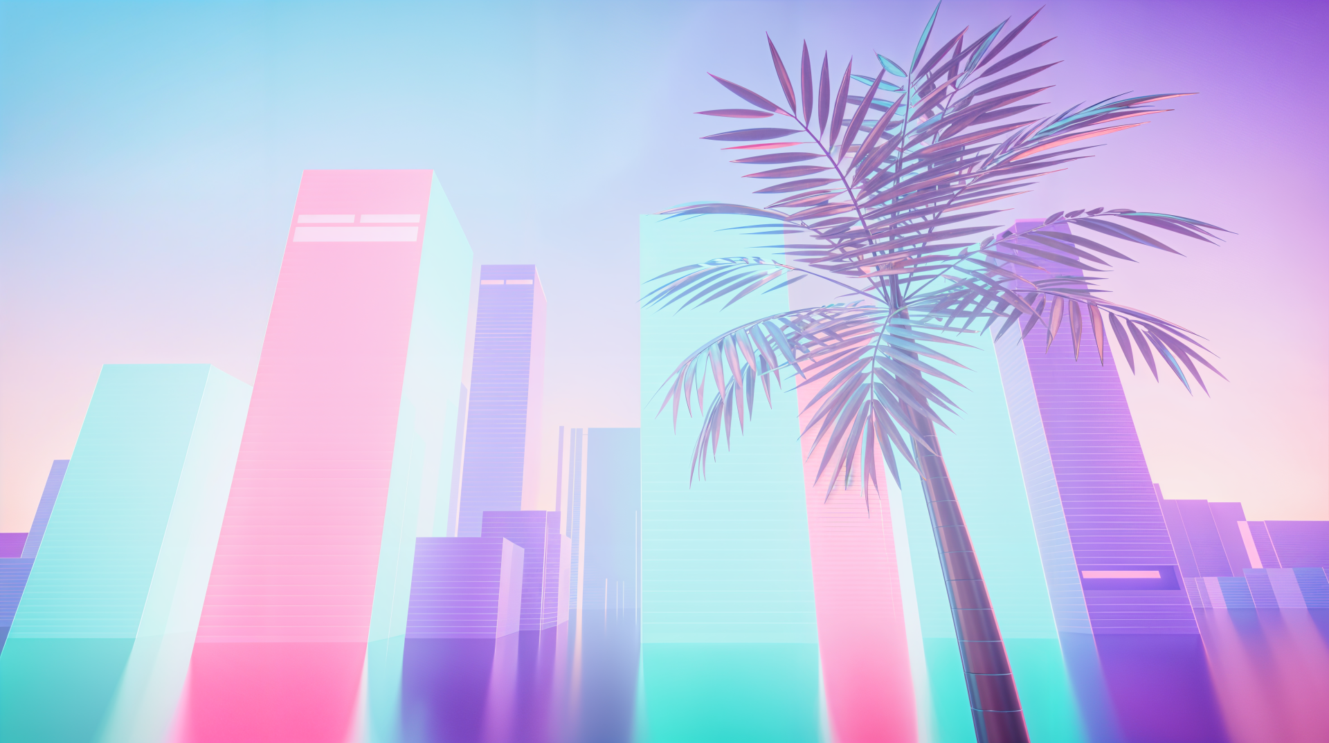 Vaporwave city skyline of pastel neon skyscrapers and a silhouetted palm, 4K Ultra HD PC desktop wallpaper and background.