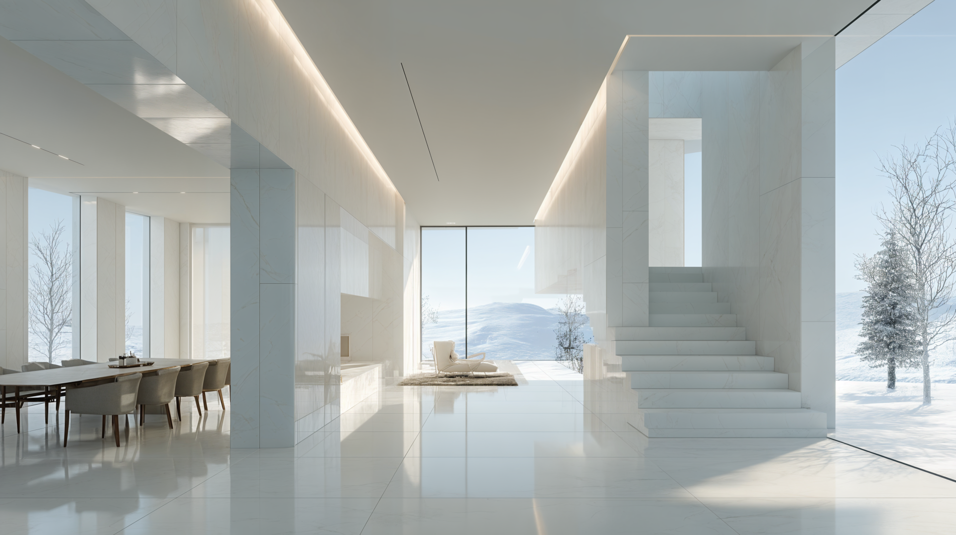 Sunlit minimalist home interior with glossy white floors, open dining area, floating staircase and large windows framing snowy landscape — 4K Ultra HD PC desktop wallpaper and background.