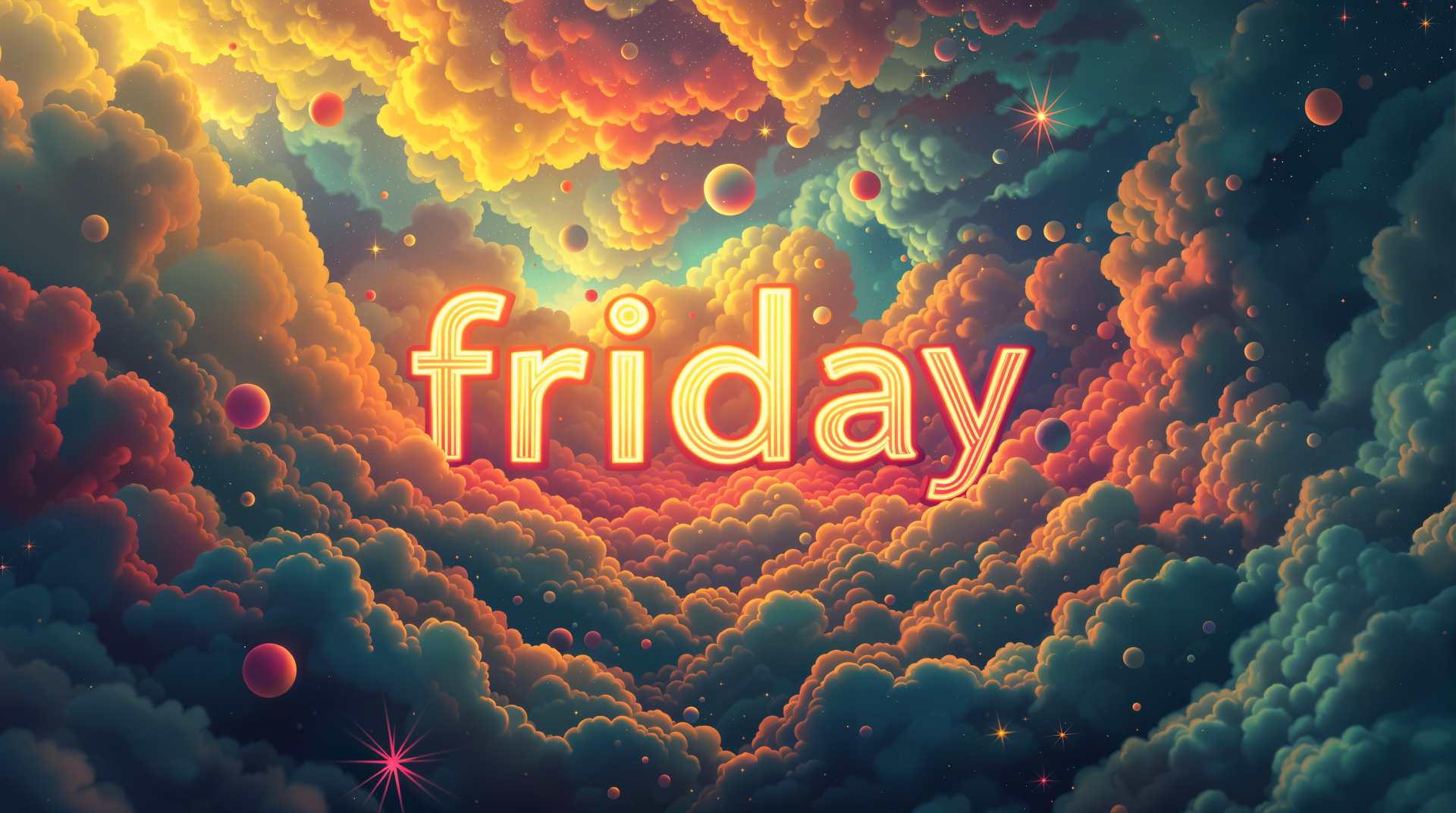 4K Ultra HD PC desktop wallpaper: glowing friday text floating amid swirling, colorful clouds, twinkling stars and warm golden light in a dreamy surreal sky.