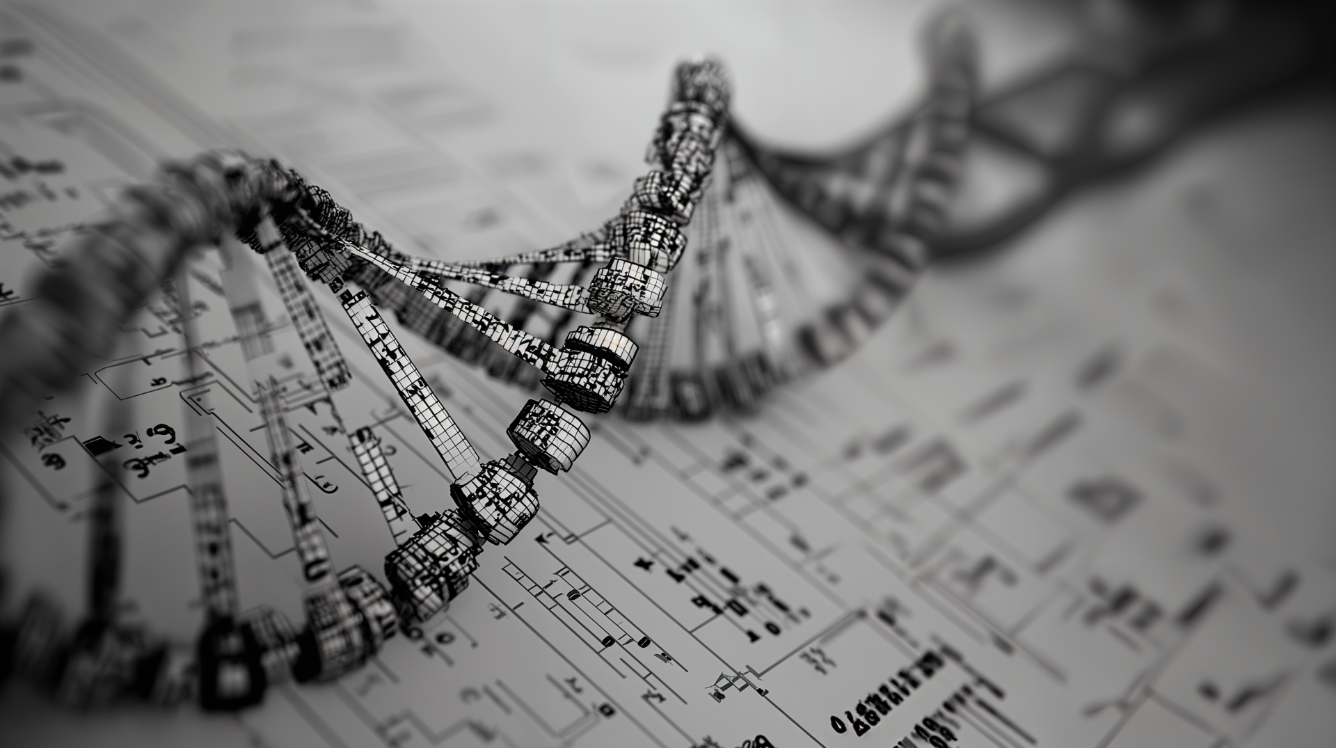Grayscale 4K Ultra HD PC desktop wallpaper and background: DNA double helix formed from printed genetic code, arching over sheet-music-style notation in high detail.