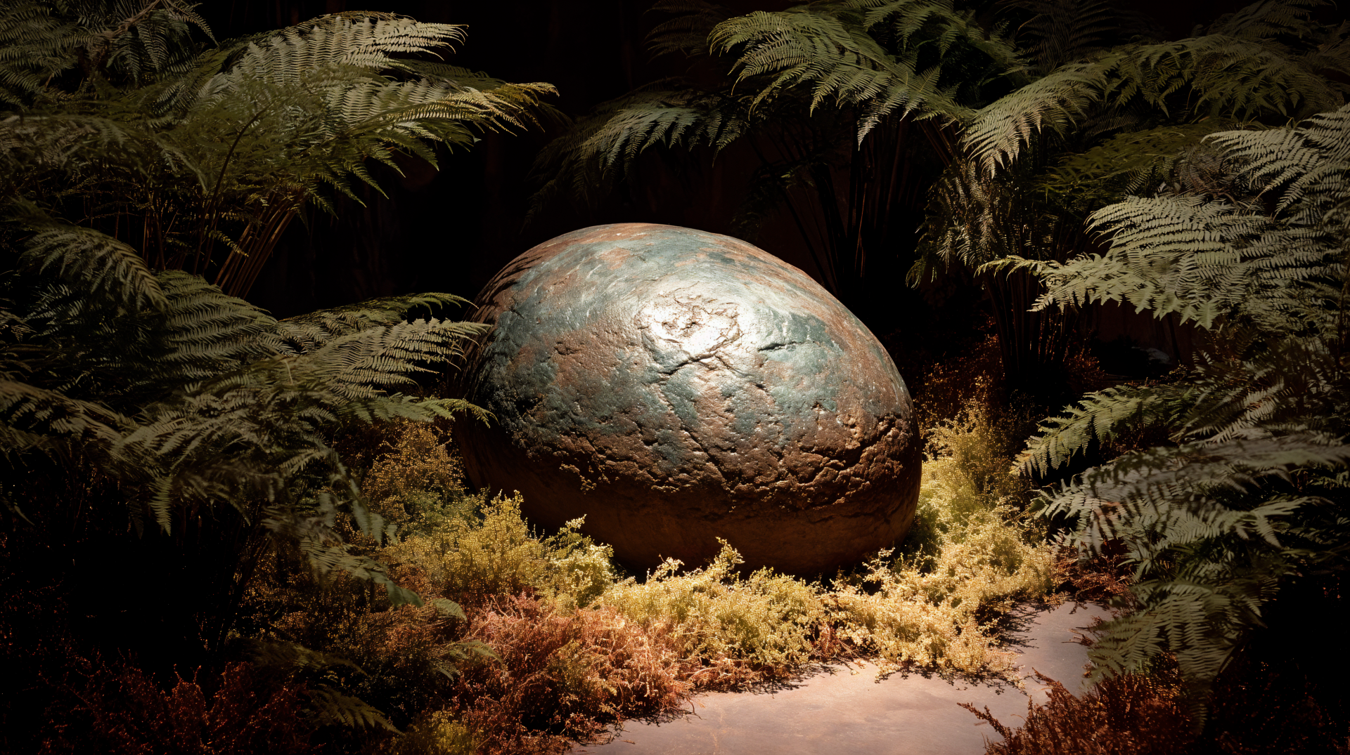 4K Ultra HD PC desktop wallpaper: a large weathered dinosaur egg nestled in moss and ferns on a dimly lit forest floor.