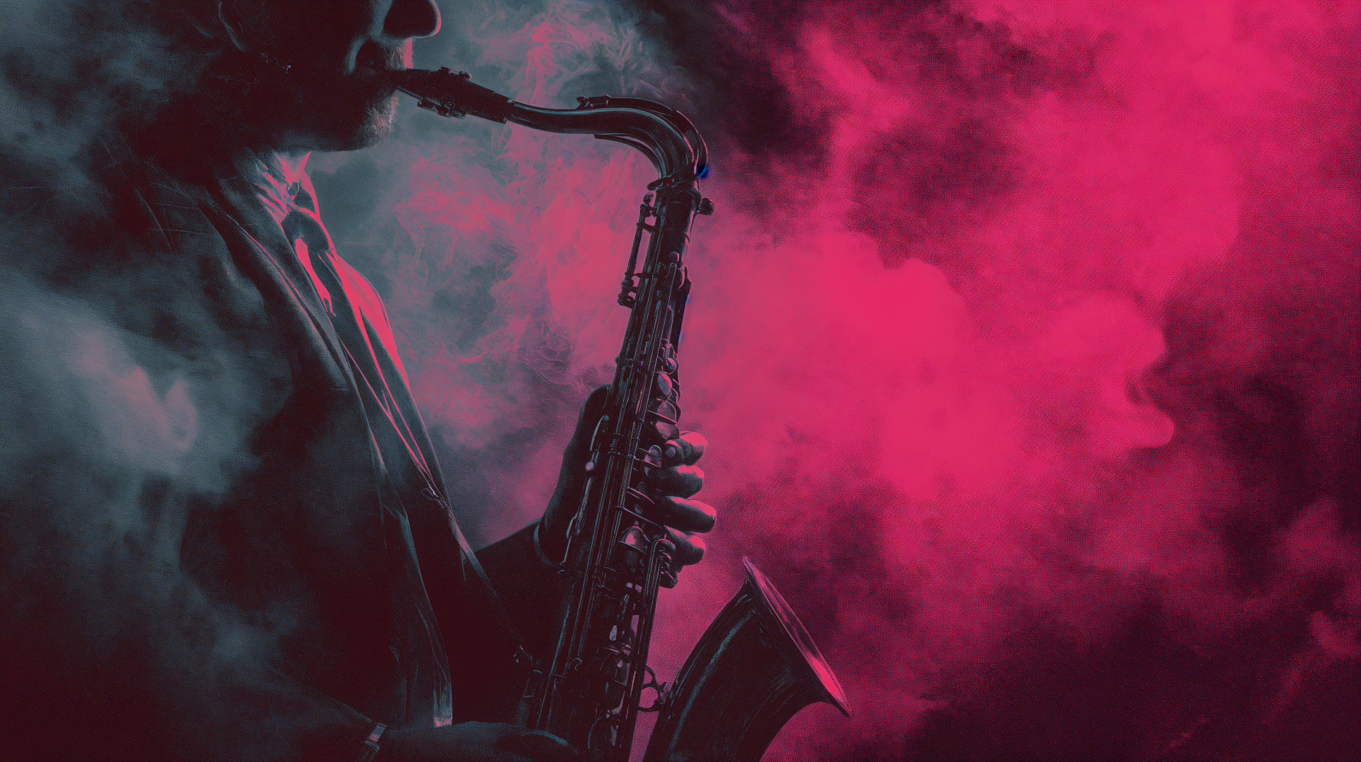 Saxophonist silhouette in teal and magenta smoke, vaporjazz jazz mood — 4K Ultra HD PC desktop wallpaper background.