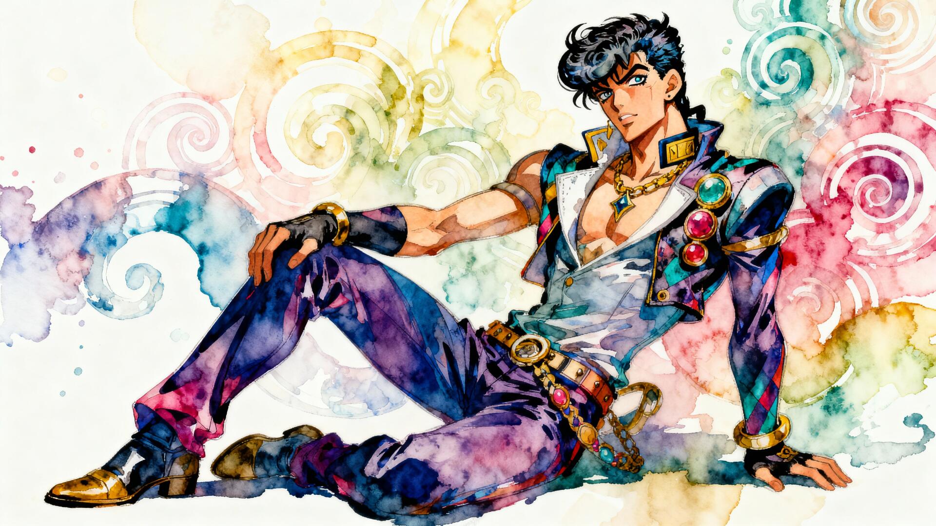 JoJo's Bizarre Adventure character reclining amid colorful watercolor swirls, wearing a jeweled patterned outfit and gold accessories — 4K Ultra HD PC desktop wallpaper/background.