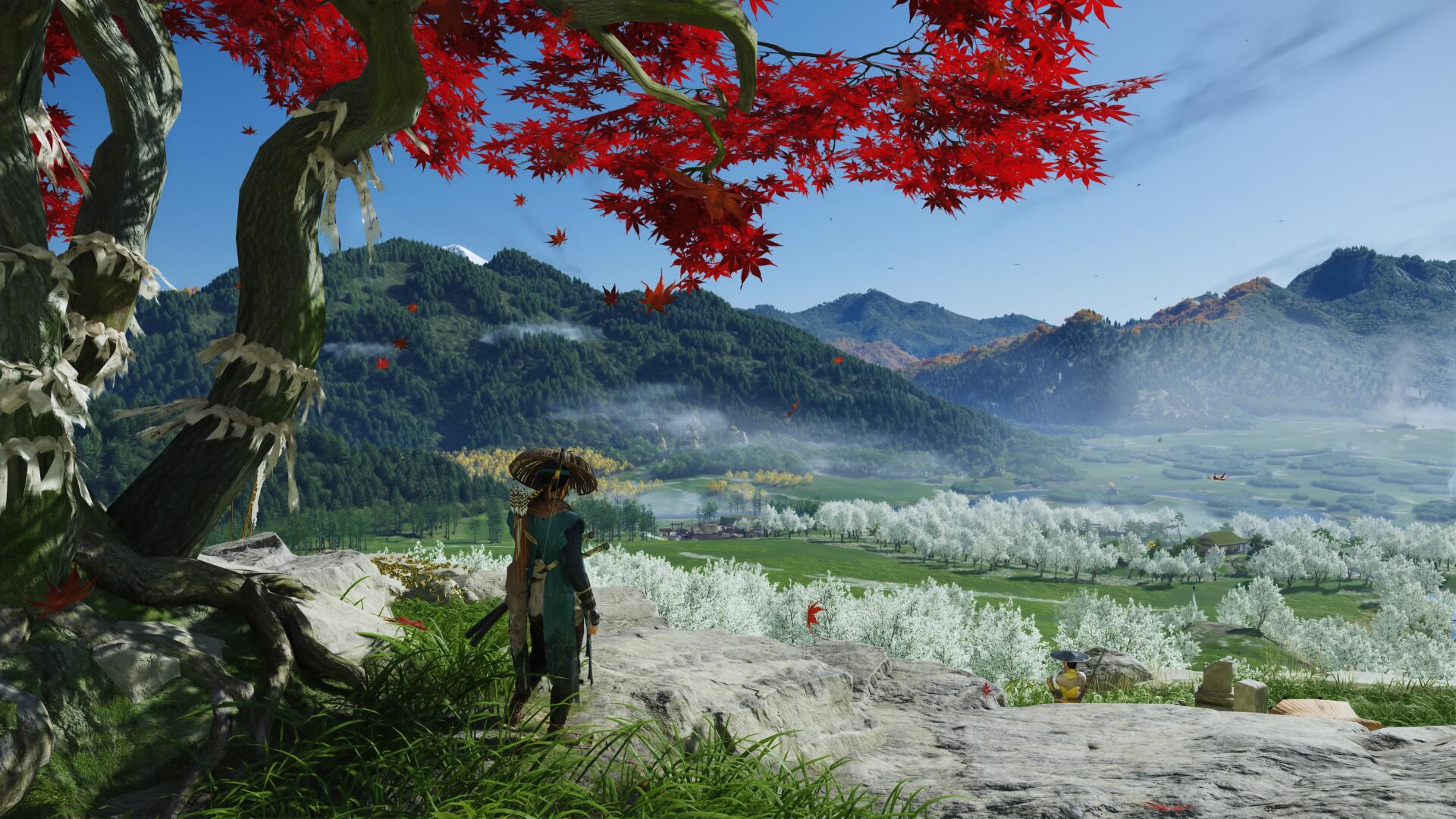 4K Ultra HD PC desktop wallpaper: Ghost of Yōtei video game scene — lone samurai beneath a red maple overlooking a misty valley and distant mountains in a cinematic gaming environment.