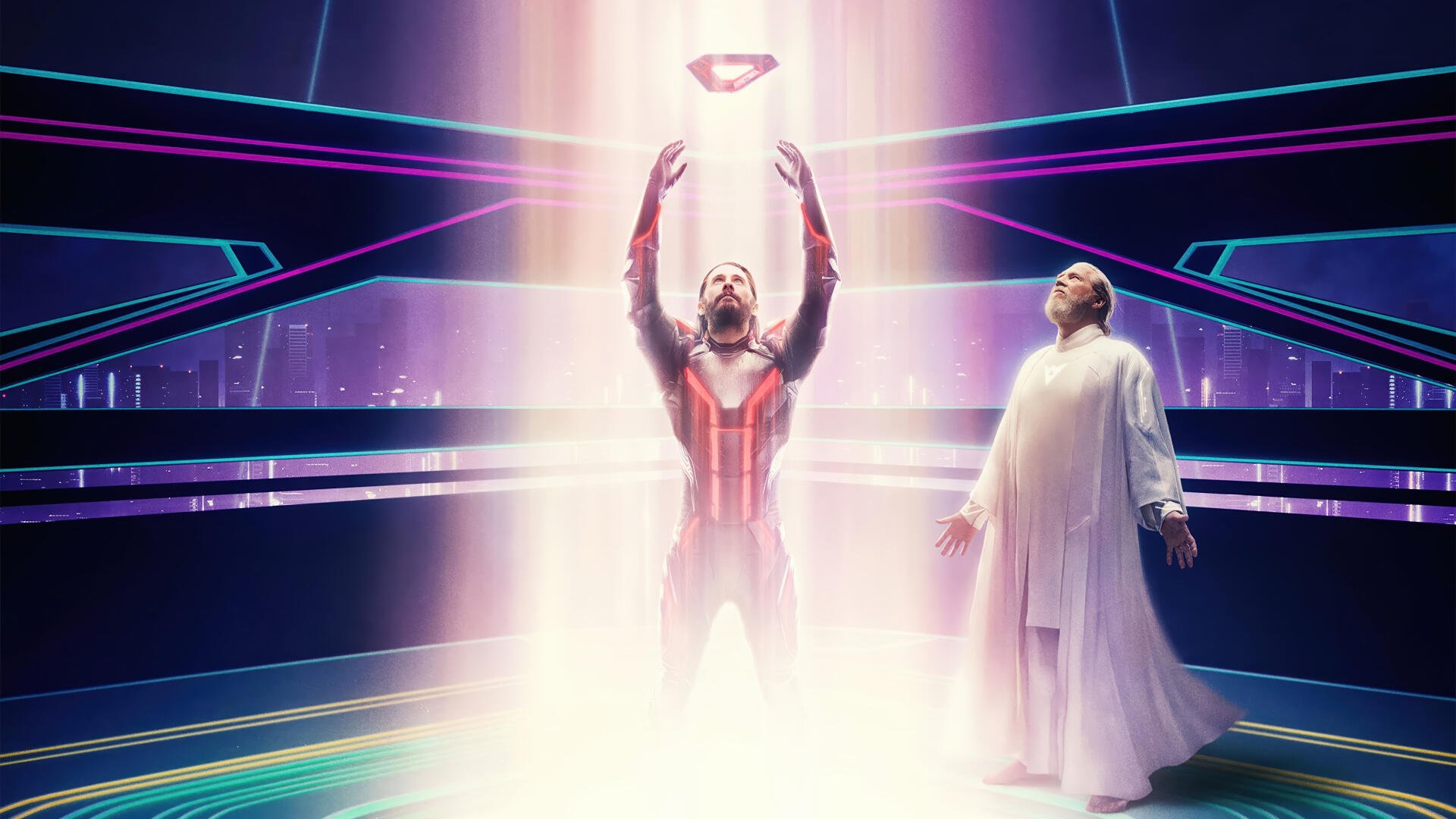 Tron: Ares 4K Ultra HD PC desktop wallpaper & background: two figures in a neon grid arena, one reaching up toward a glowing disc as shafts of light surround them.