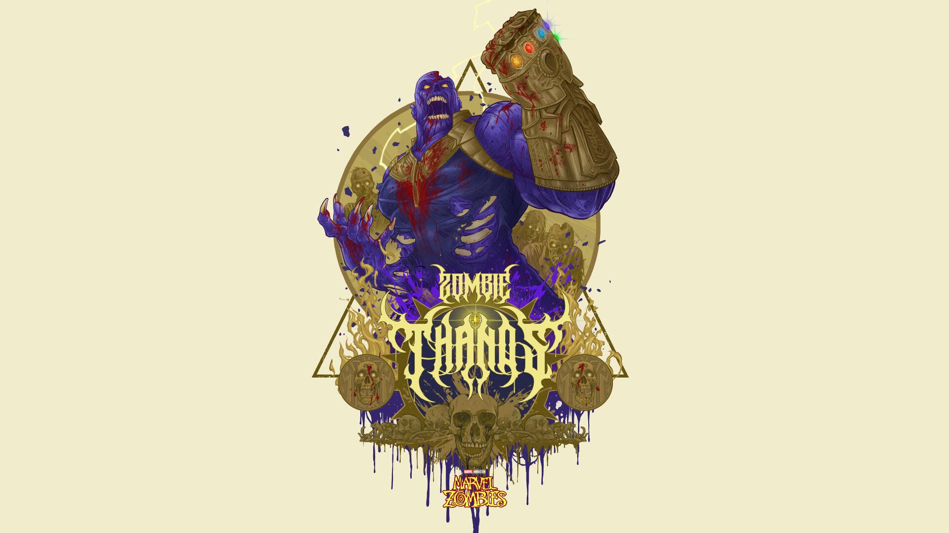 Marvel Zombies Thanos with a bloodied Infinity Gauntlet, decayed purple skin and skull motifs — 8K Ultra HD PC desktop wallpaper and background.
