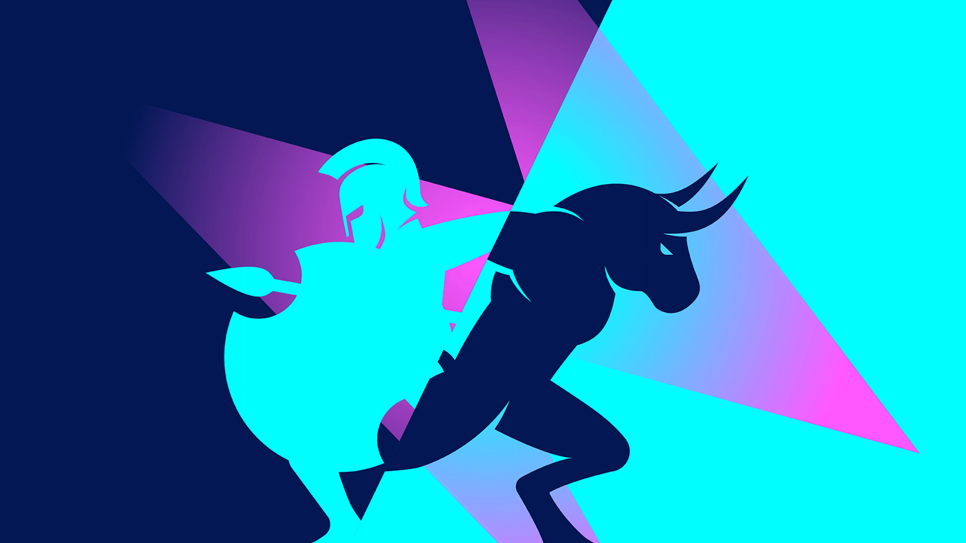 Duotone minimalist 2K Quad HD PC desktop wallpaper: cyan and magenta silhouettes of an armored hero and horned creature in dynamic clash — video game, Xbox-themed.