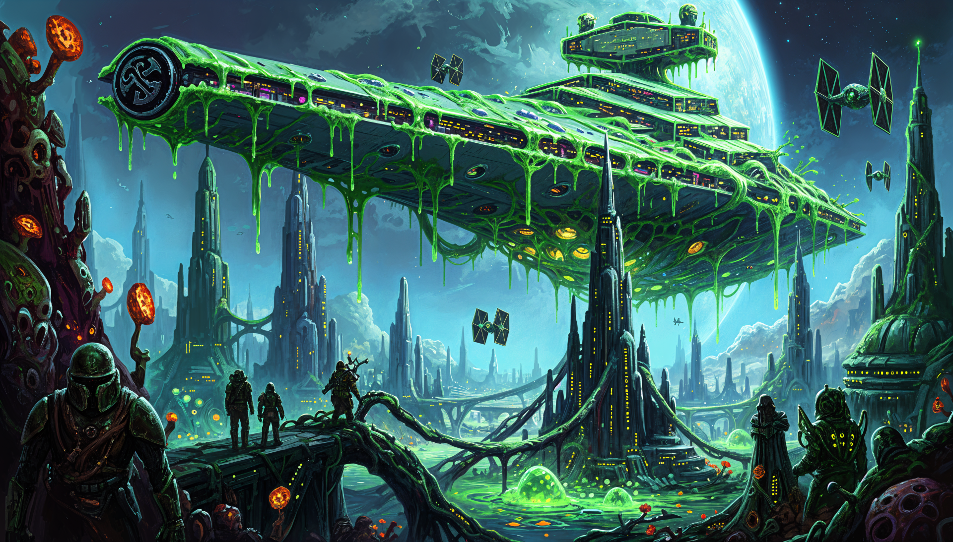 4K Ultra HD PC wallpaper: Galactic Empire dreadnought oozing neon green slime over a ruined alien metropolis, winged fighters and armored silhouettes beneath a looming moon.