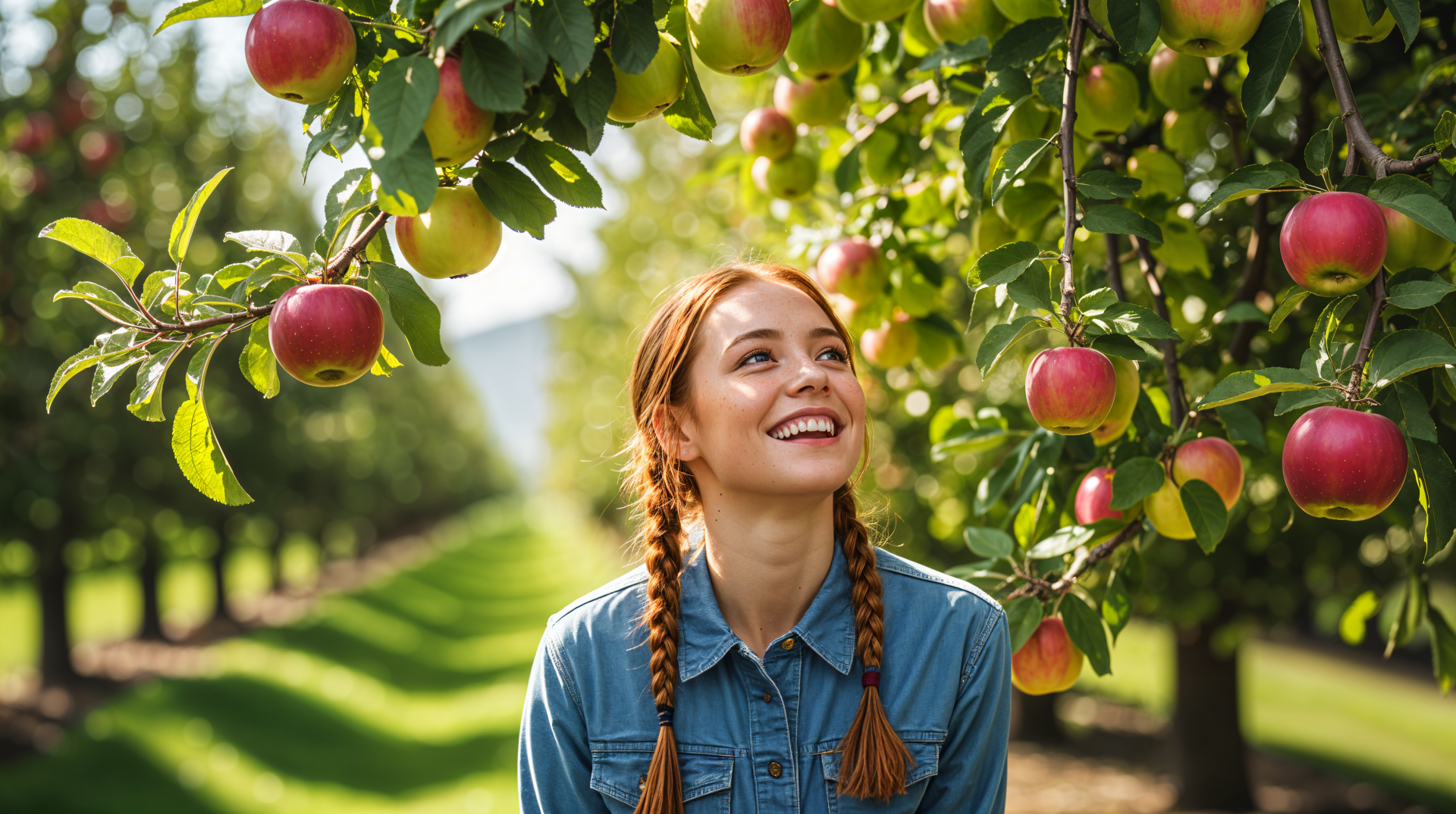4K Ultra HD PC desktop wallpaper and background: smiling person with braids among ripe apples in a sunlit apple orchard.