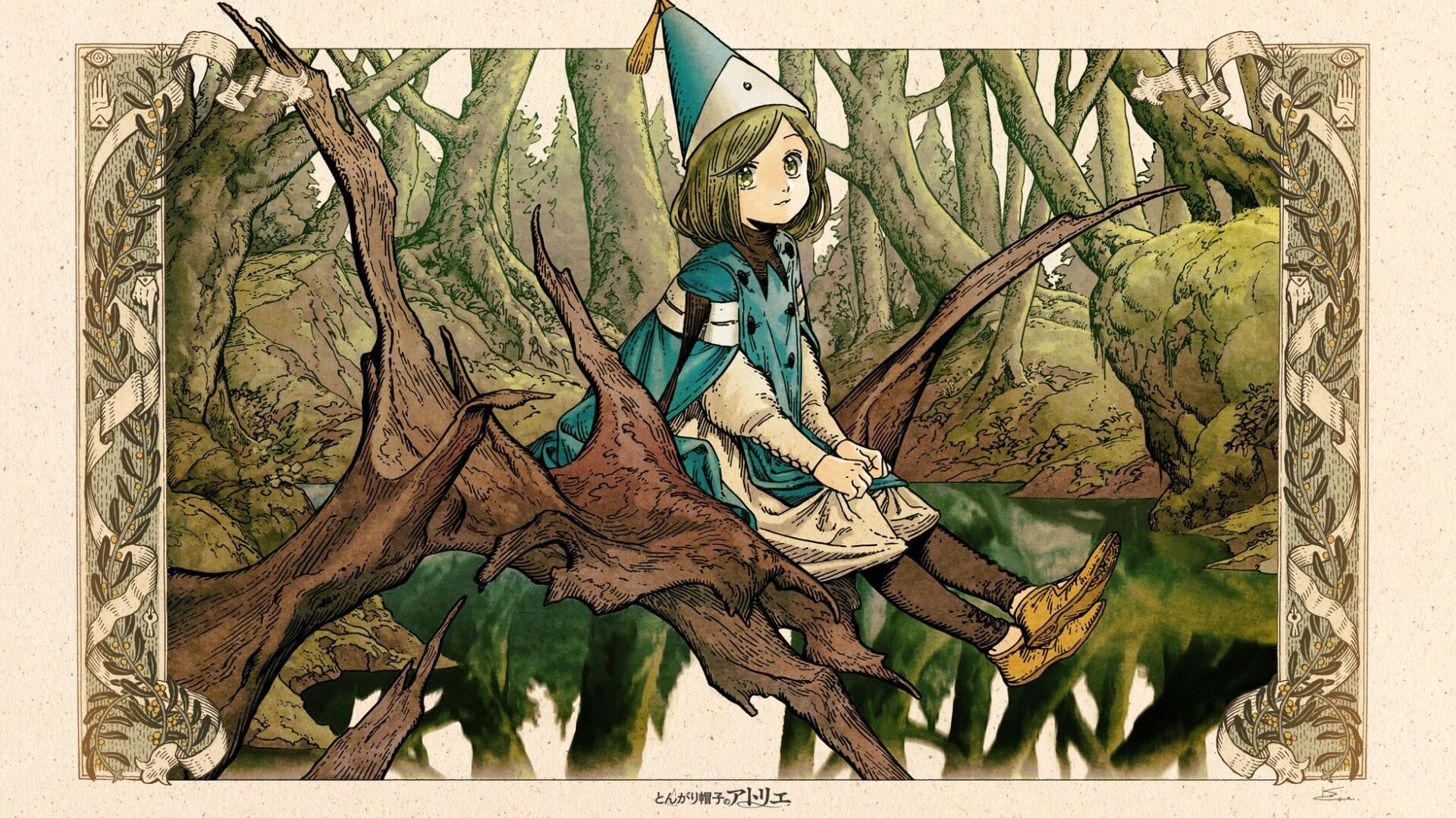 Anime HD PC desktop wallpaper of Coco (Witch Hat Atelier) in a pointed hat, sitting on a gnarled tree branch above a reflective forest pool, set within an ornate decorative border.