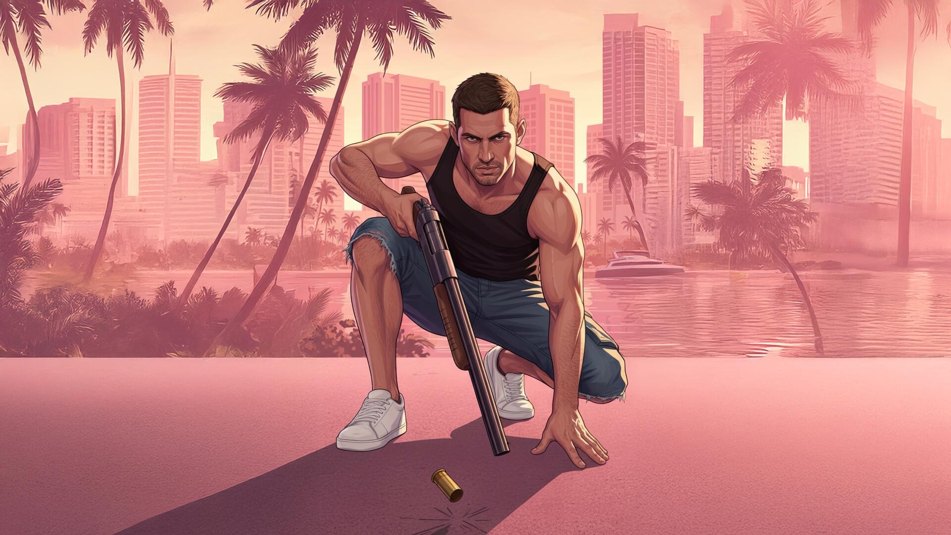Video game Grand Theft Auto VI 5K Ultra HD PC wallpaper: Jason kneeling with a shotgun on a pink waterfront, palm trees and a sunlit city skyline in the background.
