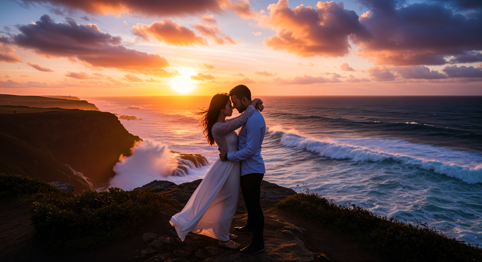 Romantic scenery: couple embracing on a seaside cliff at sunset, crashing waves and colorful sky — 4K Ultra HD PC desktop wallpaper and background.