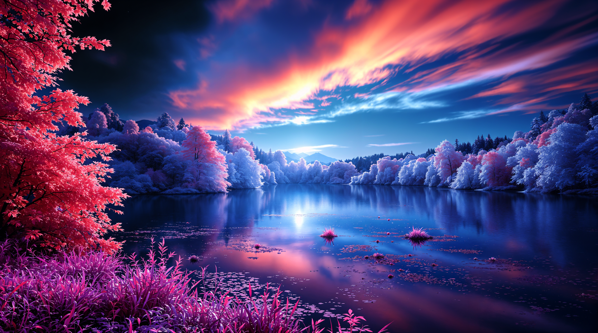 4K Ultra HD PC desktop wallpaper and background: serene lake at sunset with vivid pink foliage, neon blue sky and tranquil reflections, radiating peaceful energy.