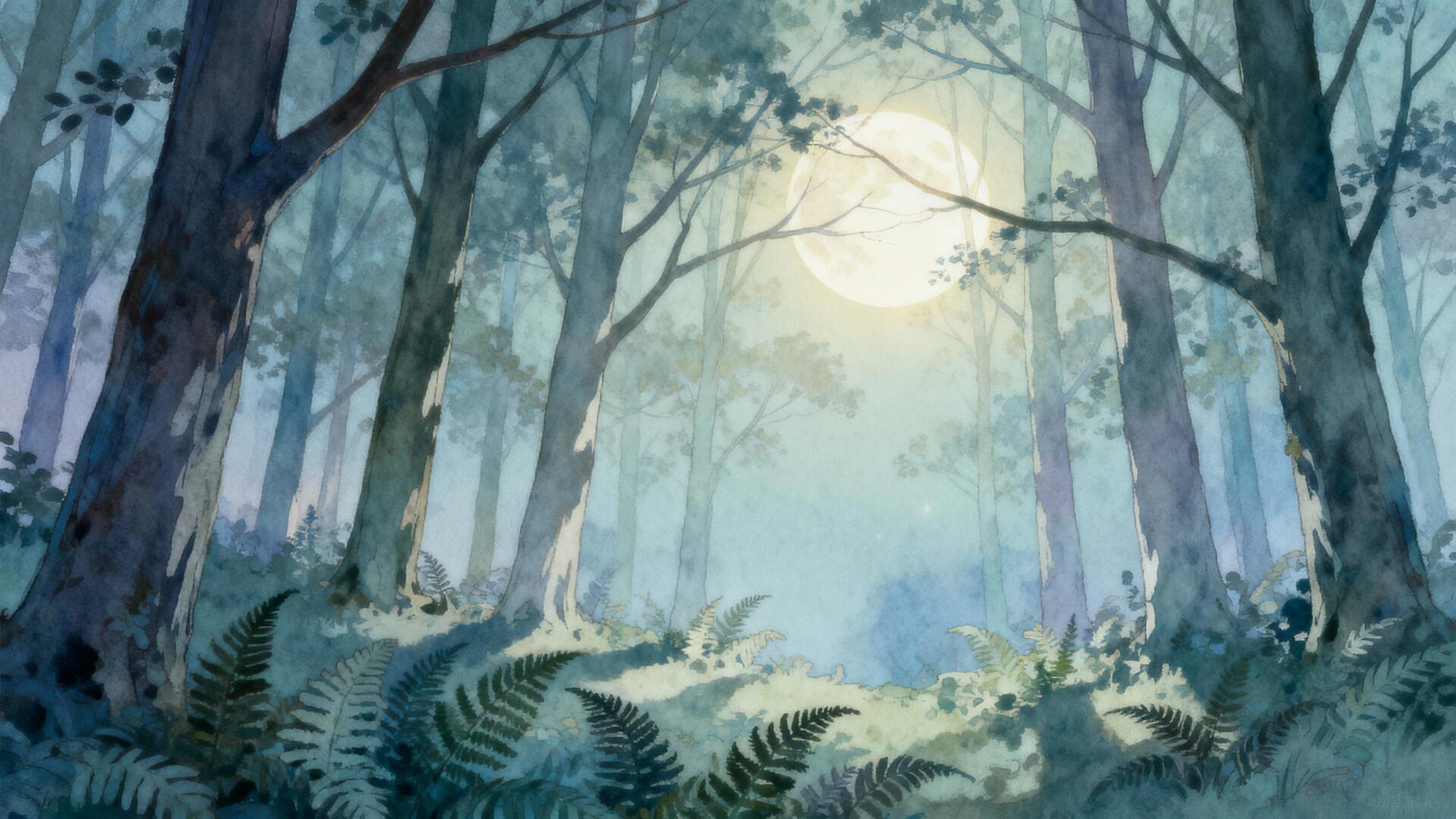 Moonlit forest with ferns and tall trees beneath a luminous full moon — 4K Ultra HD PC desktop wallpaper/background.