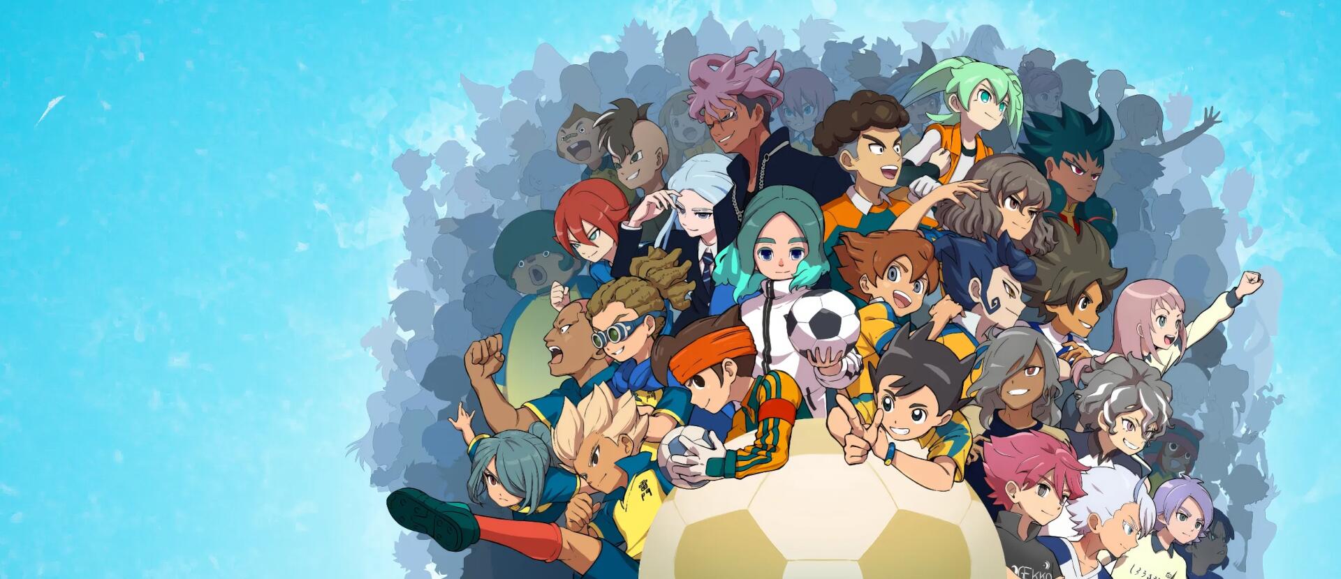 HD PC desktop wallpaper for the video game Inazuma Eleven: Victory Road — colorful team of soccer characters clustered around a giant ball.