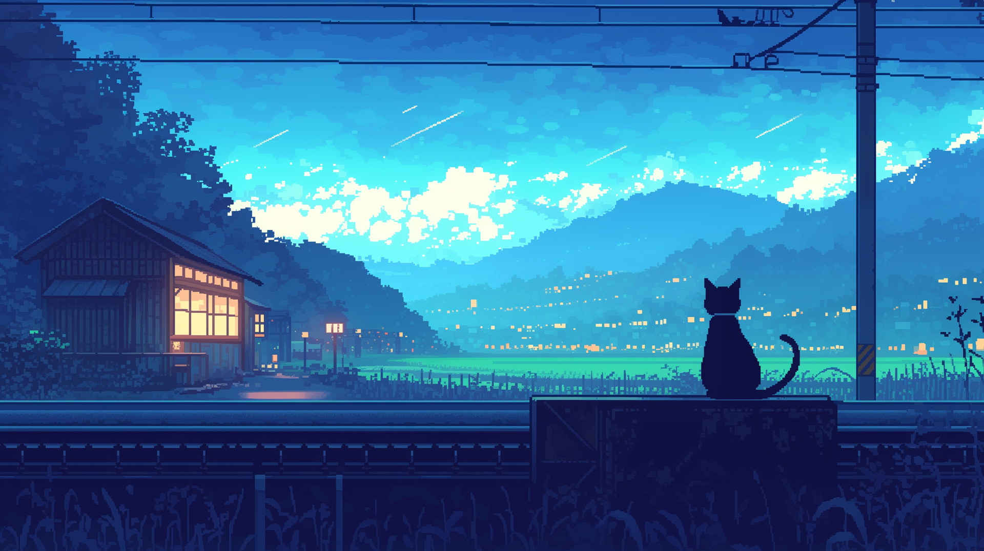Black cat pixel AI art: 2K Quad HD PC desktop wallpaper showing a silhouetted cat on a fence at dusk, overlooking glowing fields and distant mountains.