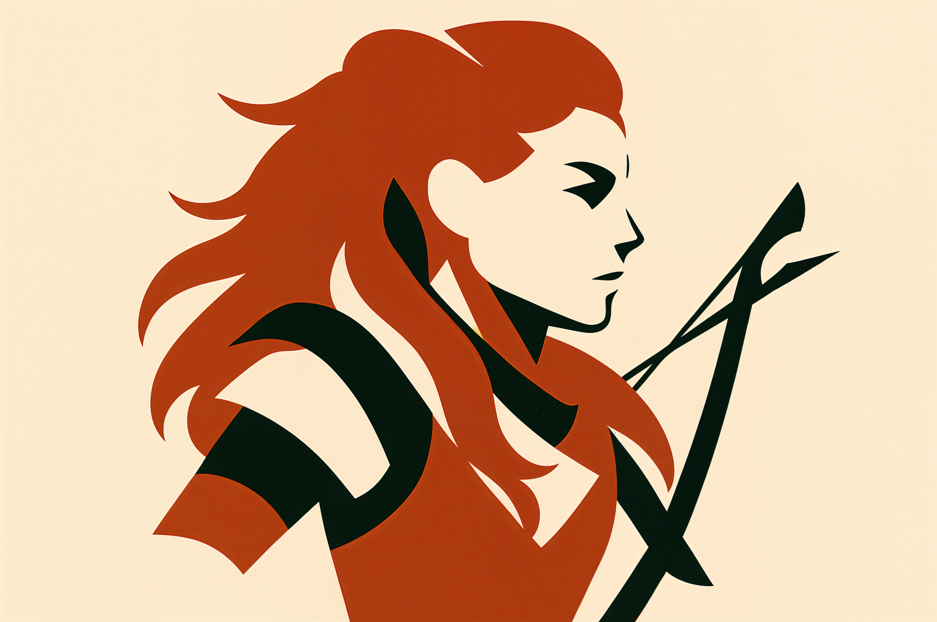 Stylized minimalist profile of Aloy (Horizon Series) with red hair and bow in bold flat colors on a beige background — 4K Ultra HD PC desktop wallpaper/background.