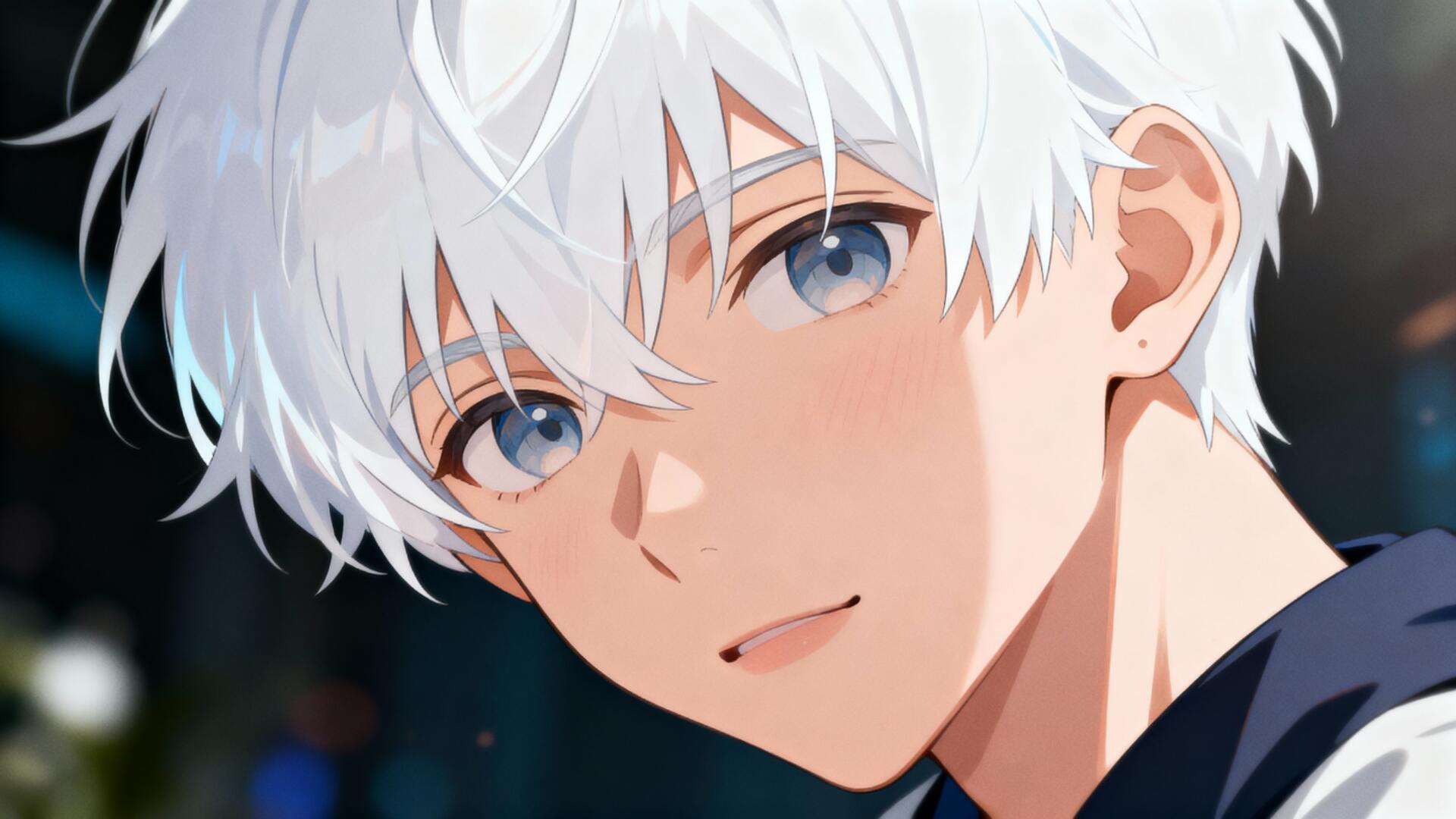4K Ultra HD PC desktop wallpaper: close-up of a silver-haired anime boy with blue eyes and a gentle smile against a soft-focus dark background.