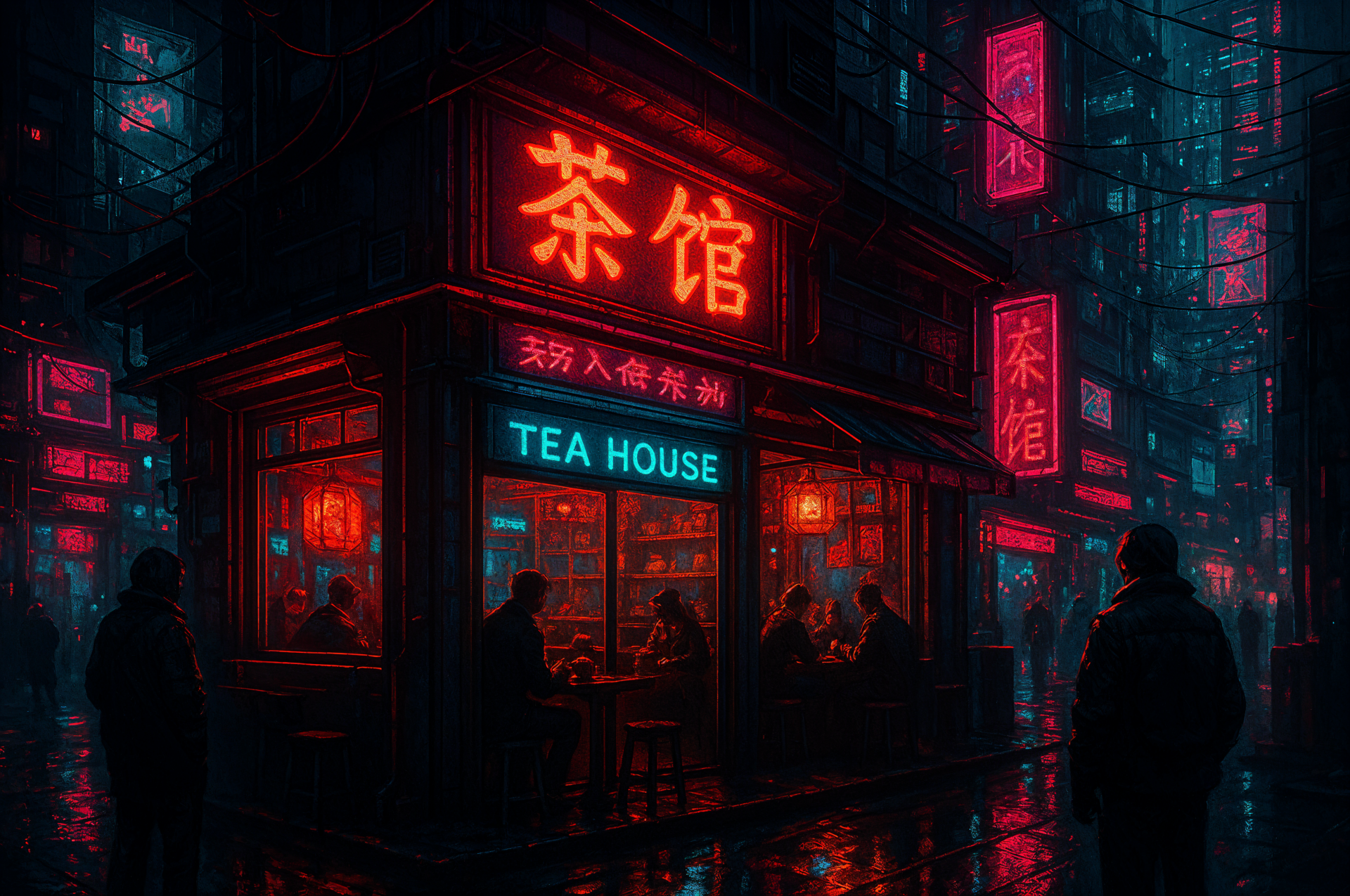 Neon-lit tea house with red TEA HOUSE/茶馆 signs, rain-slick streets and silhouetted figures — 4K Ultra HD PC desktop wallpaper and background.